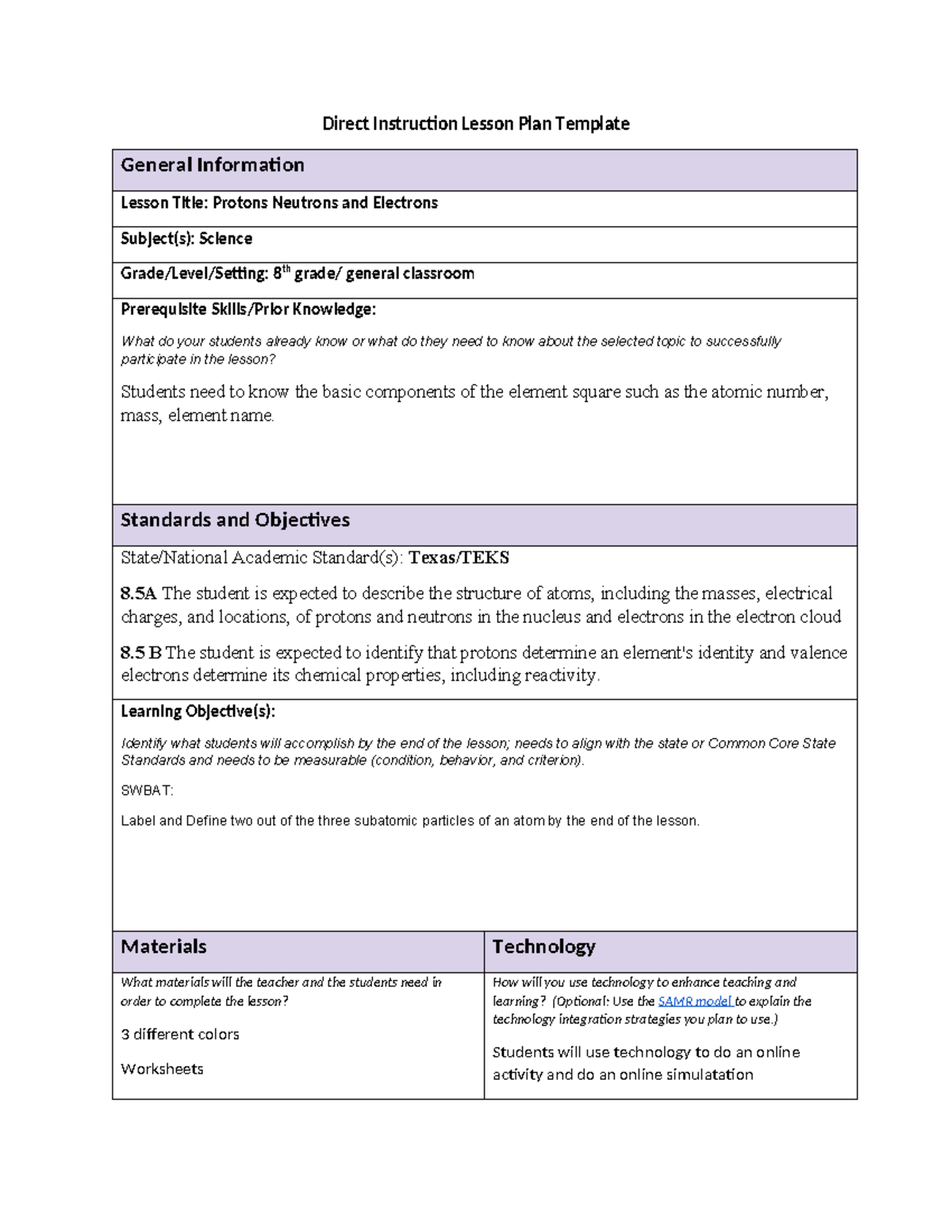 Task2- Lesson Plan - Direct Instruction Lesson Plan Template General ...