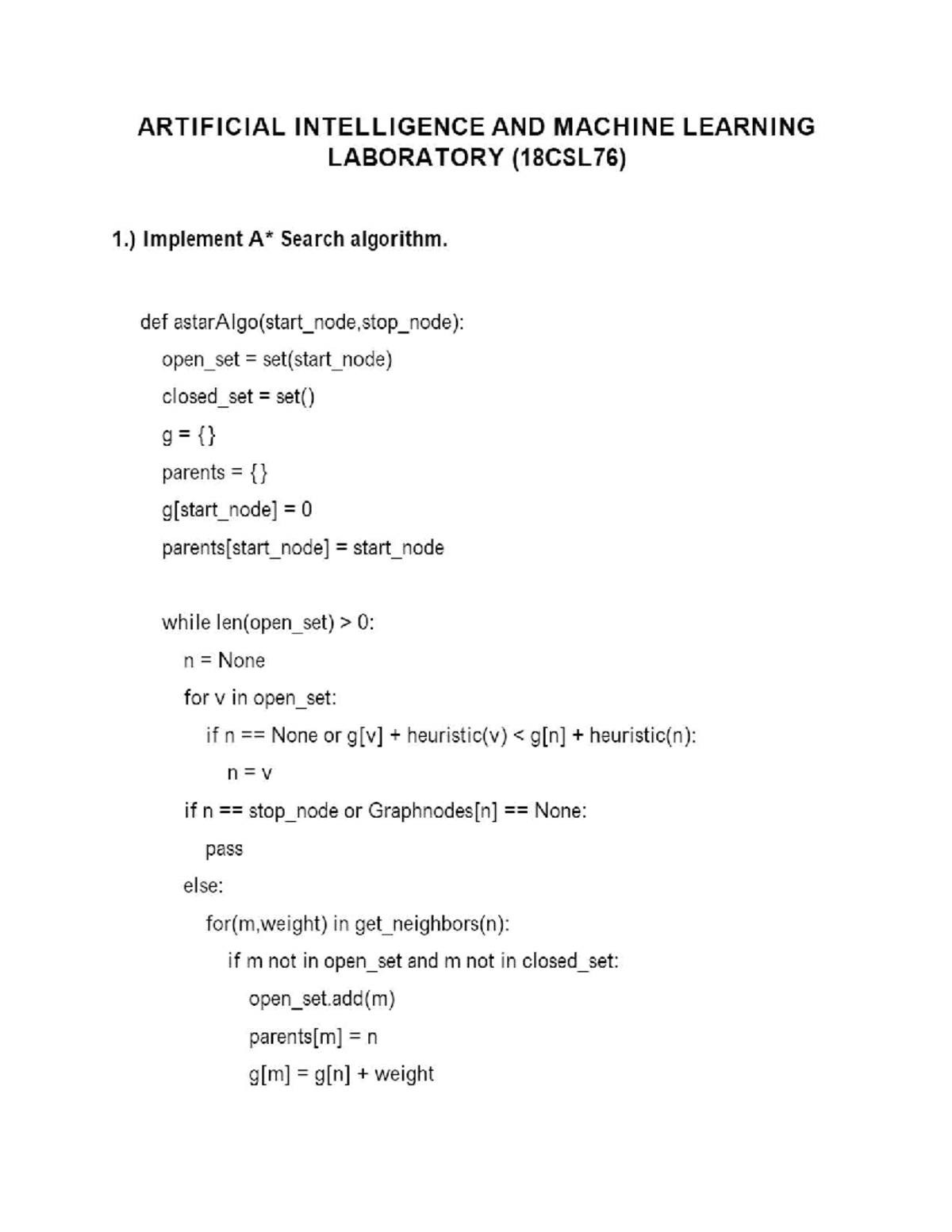 AIML Lab Manual - Artificial Intelligence and Machine Learning - Studocu