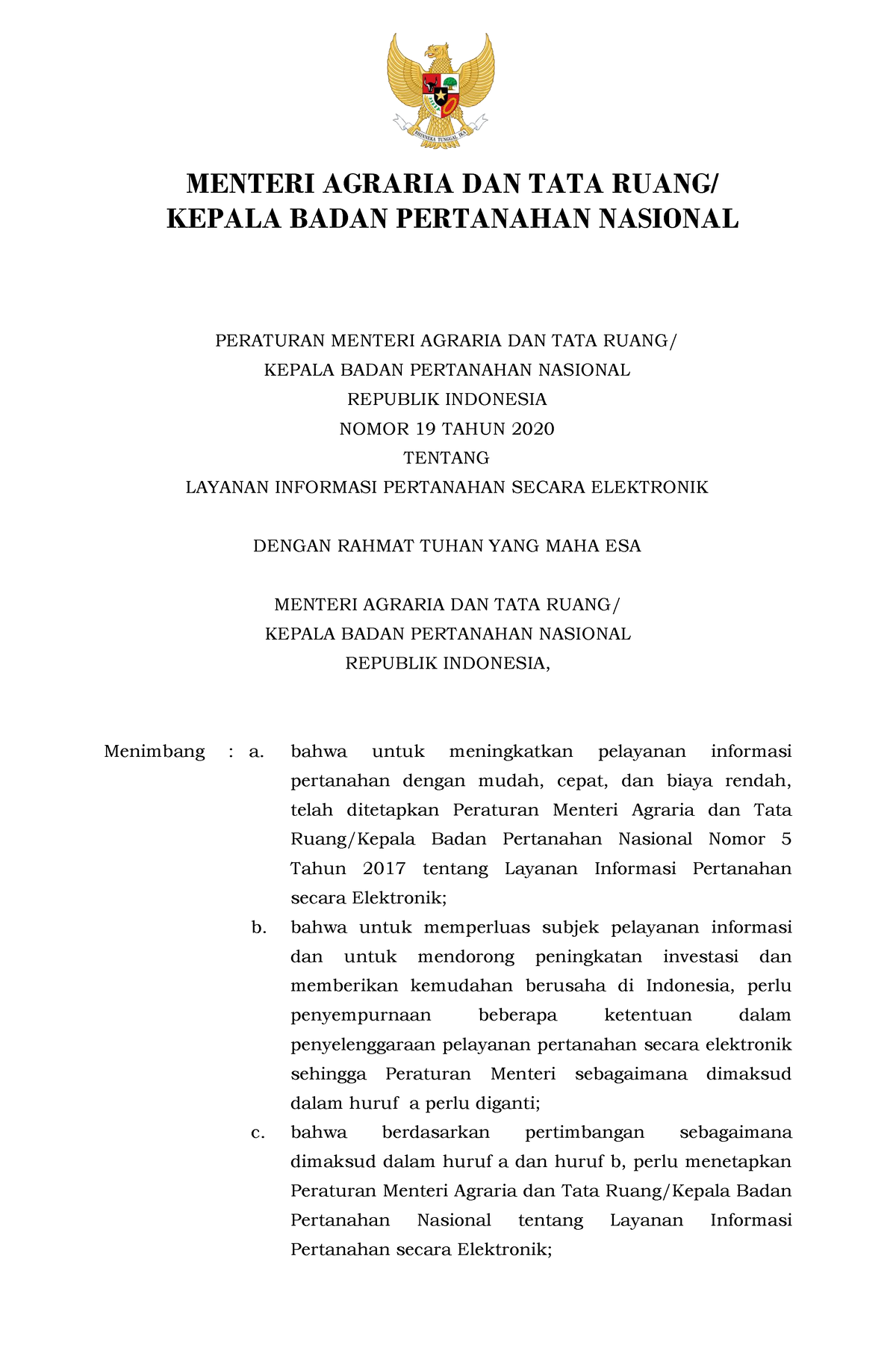 19 Tahun 2020 - Peraturan Menteri - PERATURAN MENTERI AGRARIA DAN TATA ...