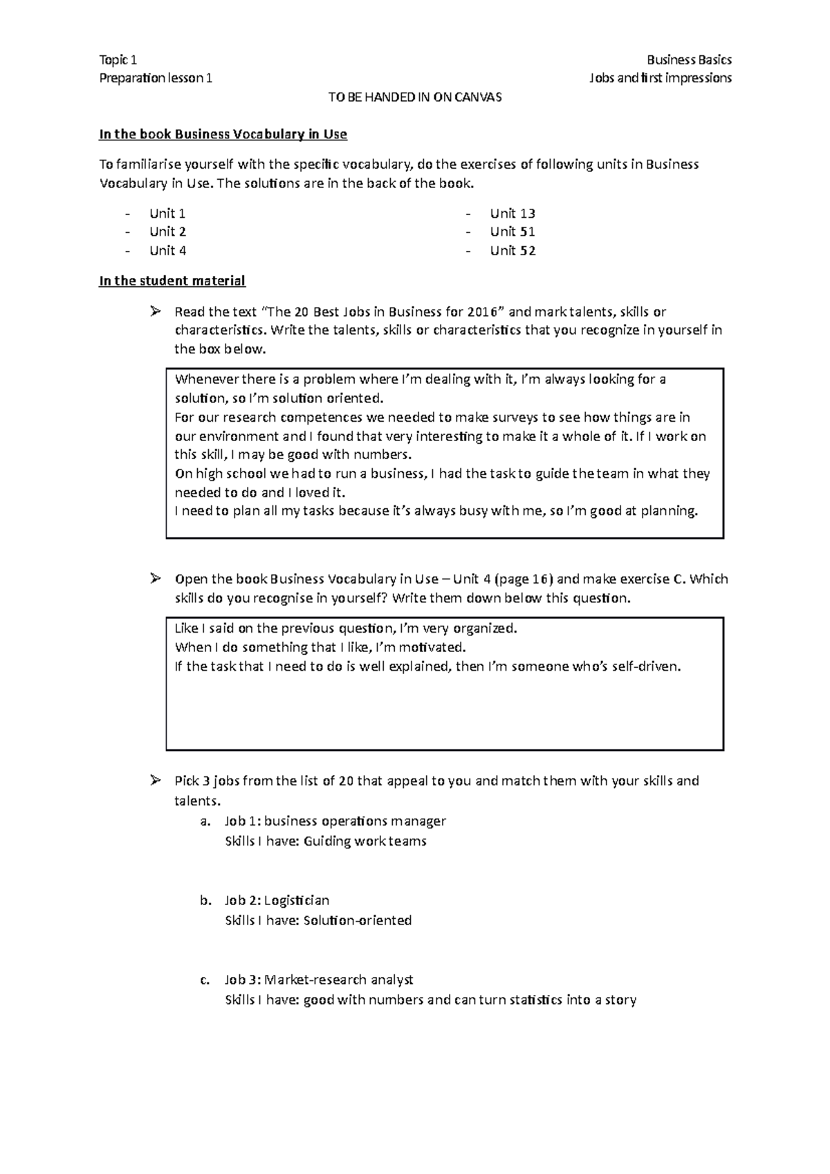 BB1 preparation - voorbereiding - Topic 1 Business Basics Preparation ...