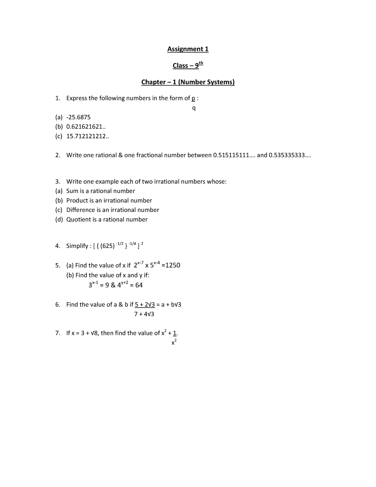 number system assignment class 9