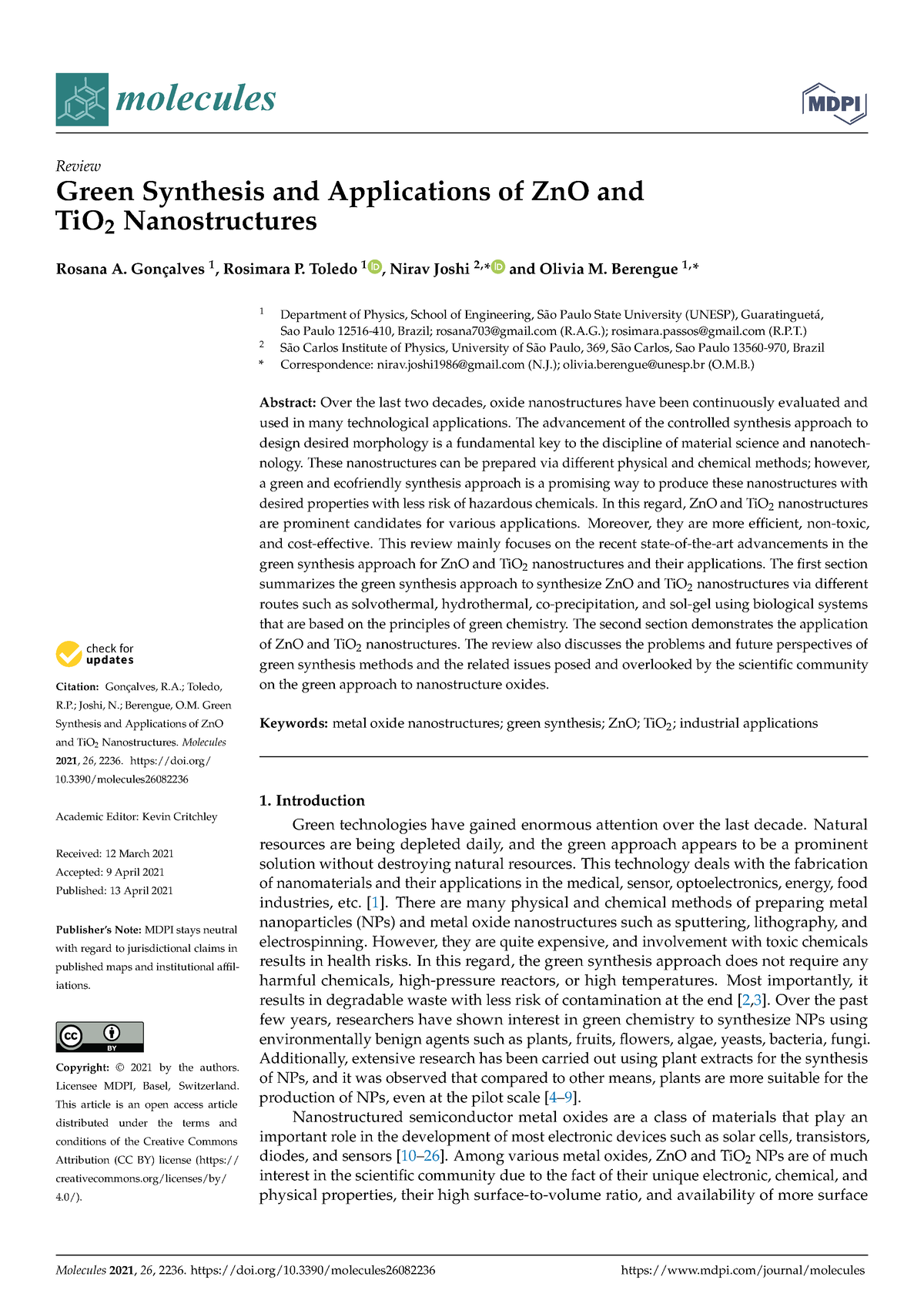 Green Synthesis And Applications Of Zn O And Ti O2 - Molecules Review ...