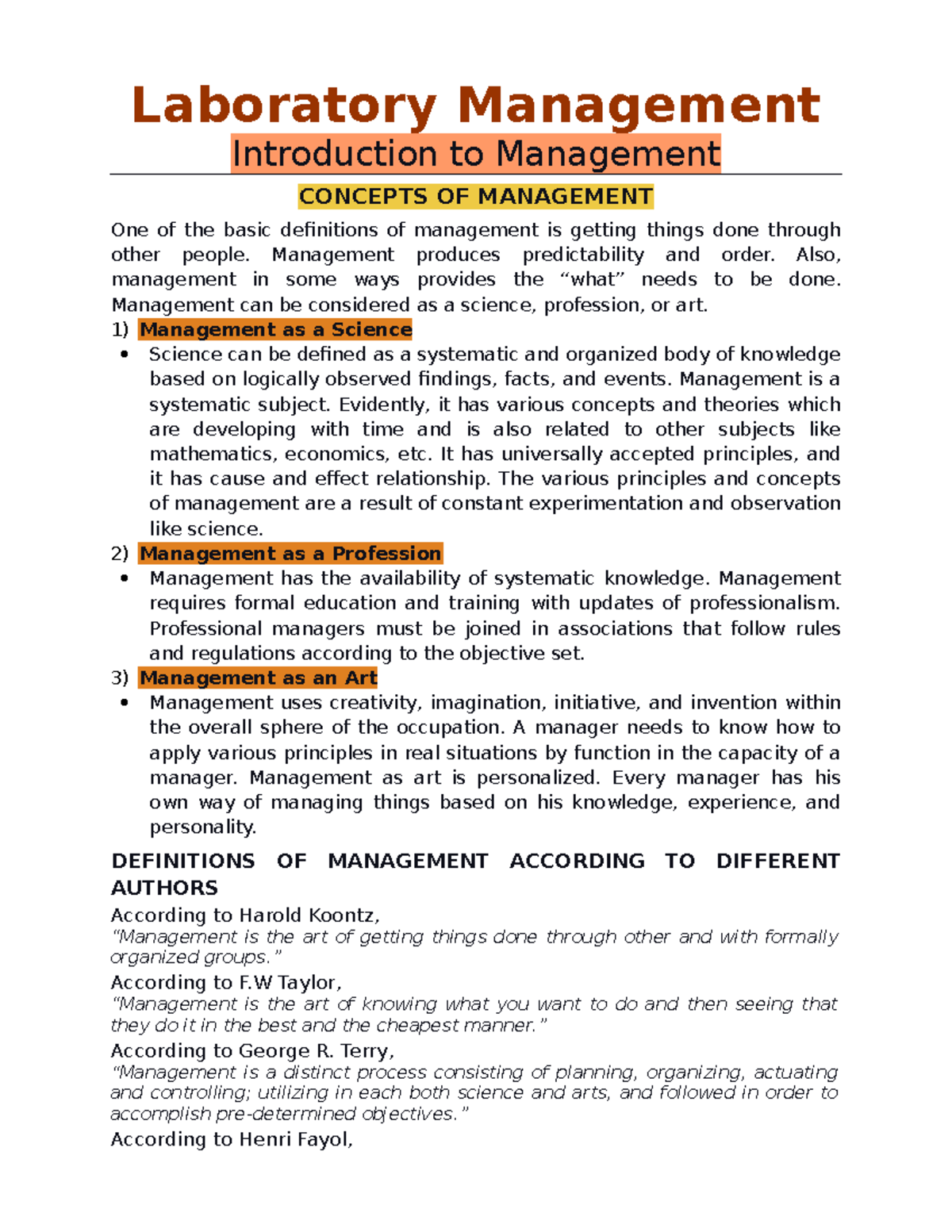 Laboratory Management (Mod 1) Laboratory Management Introduction to