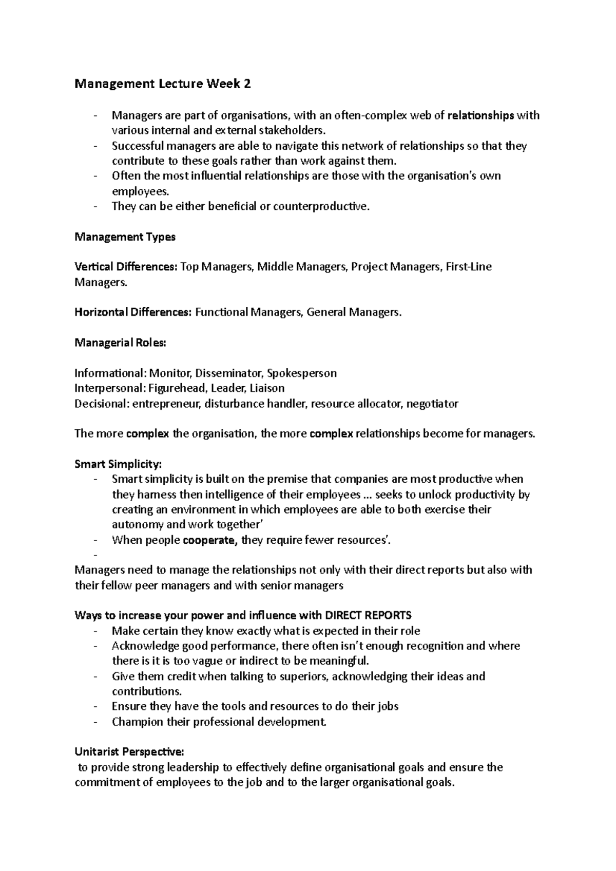 Management Lecture Week 2 - Successful managers are able to navigate ...