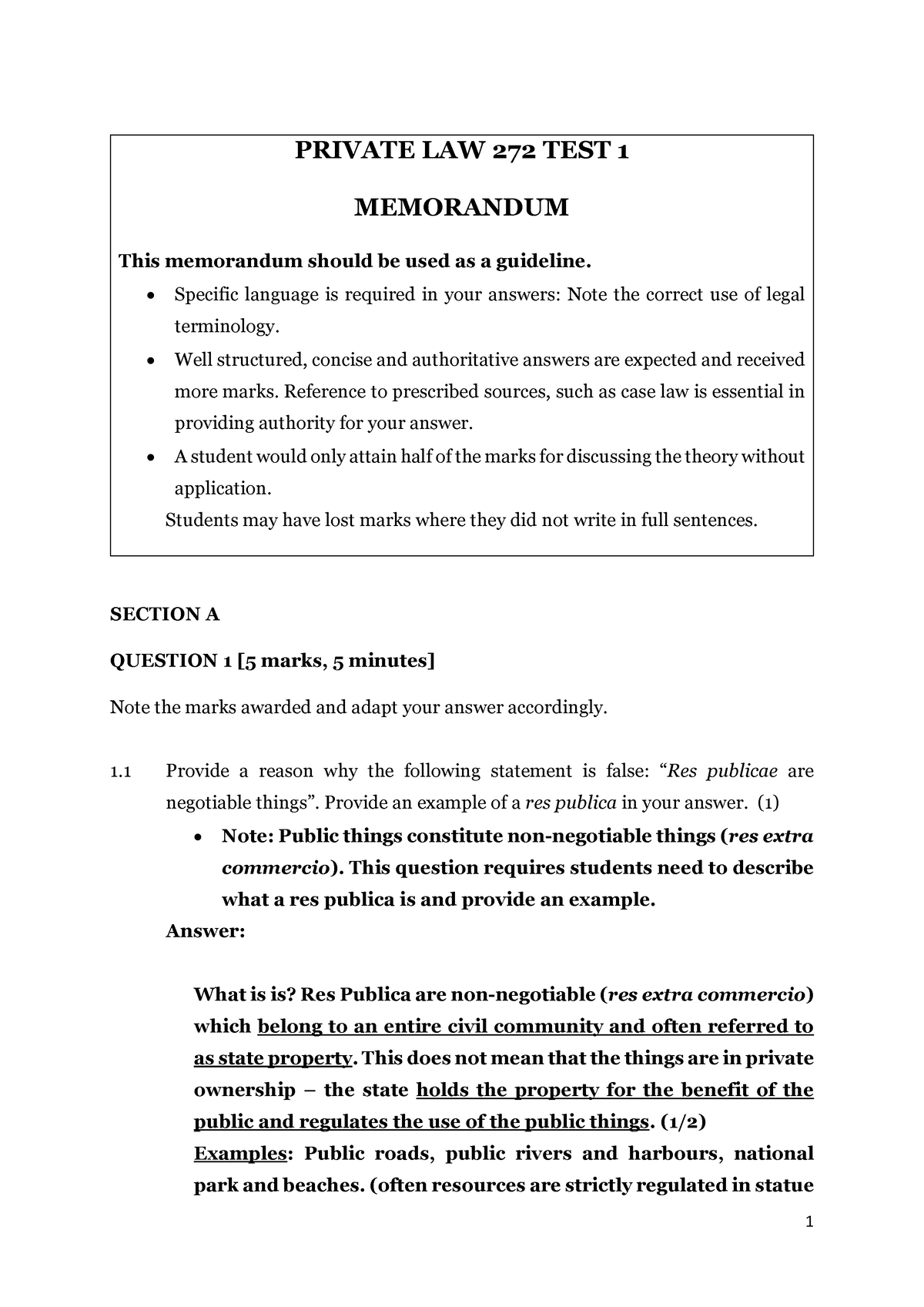 Private Law 272 Test 1 Memorandum 2022 - PRIVATE LAW 272 TEST 1 ...