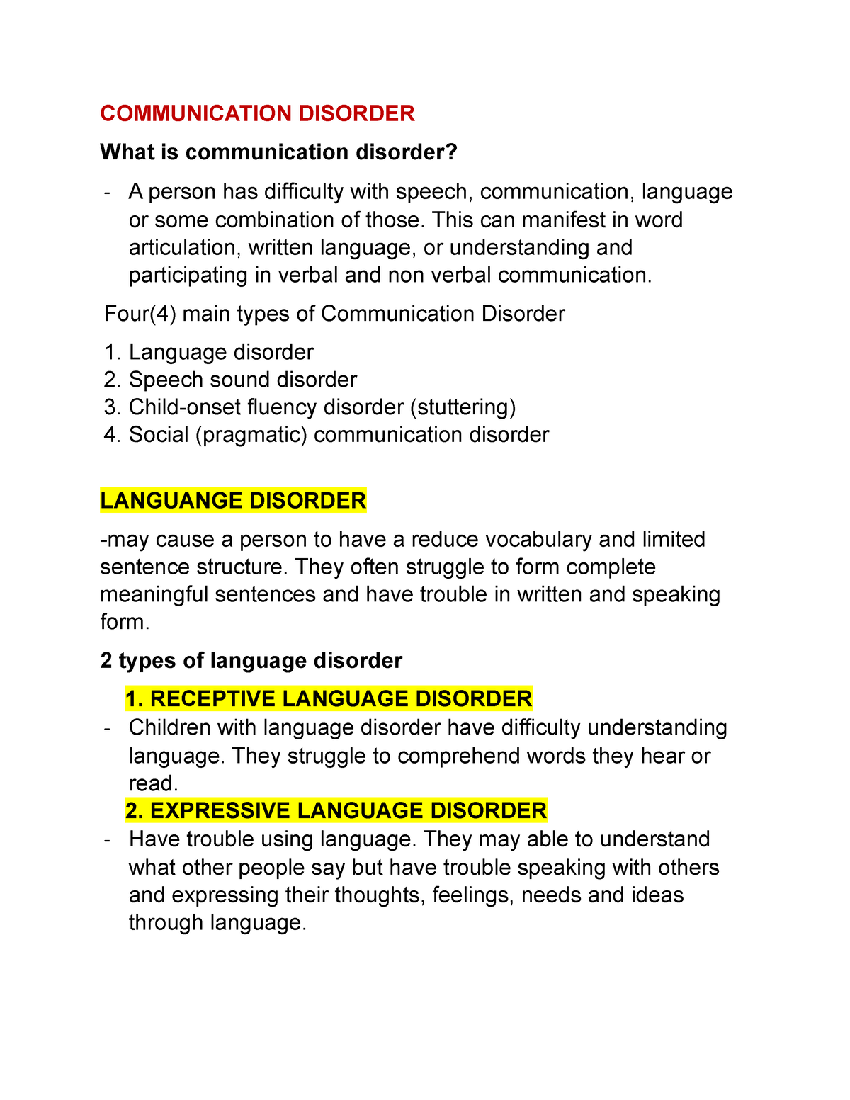 communication disorder assignment