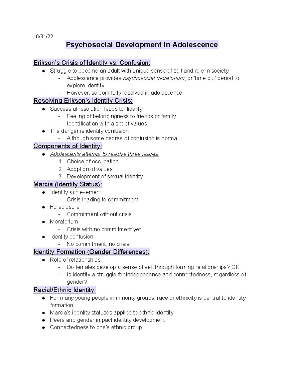 Psyc 203 Chapter 12 Dr Shifren 10 31 Psychosocial Development In