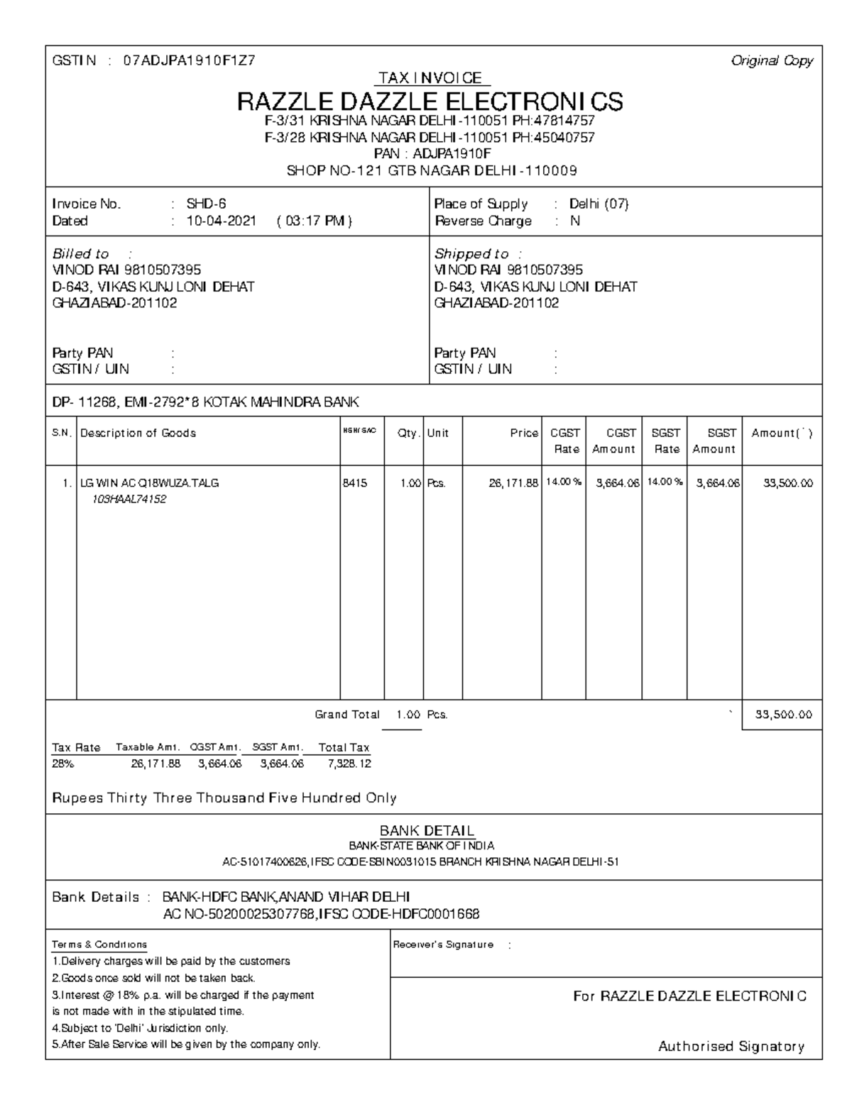 Ac bill - GSTI N : 07ADJPA1910F1Z7 Original Copy TAX I NVOI CE RAZZLE ...