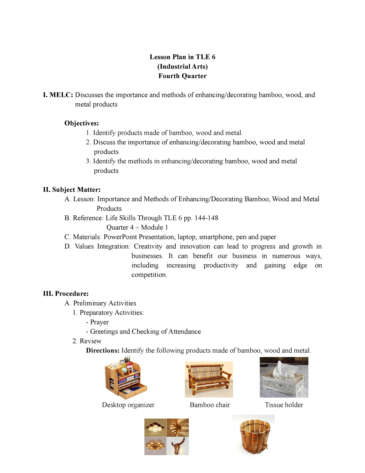 Lesson Plan For CO TLE 6 Notes Lesson Plan In TLE 6 Industrial 