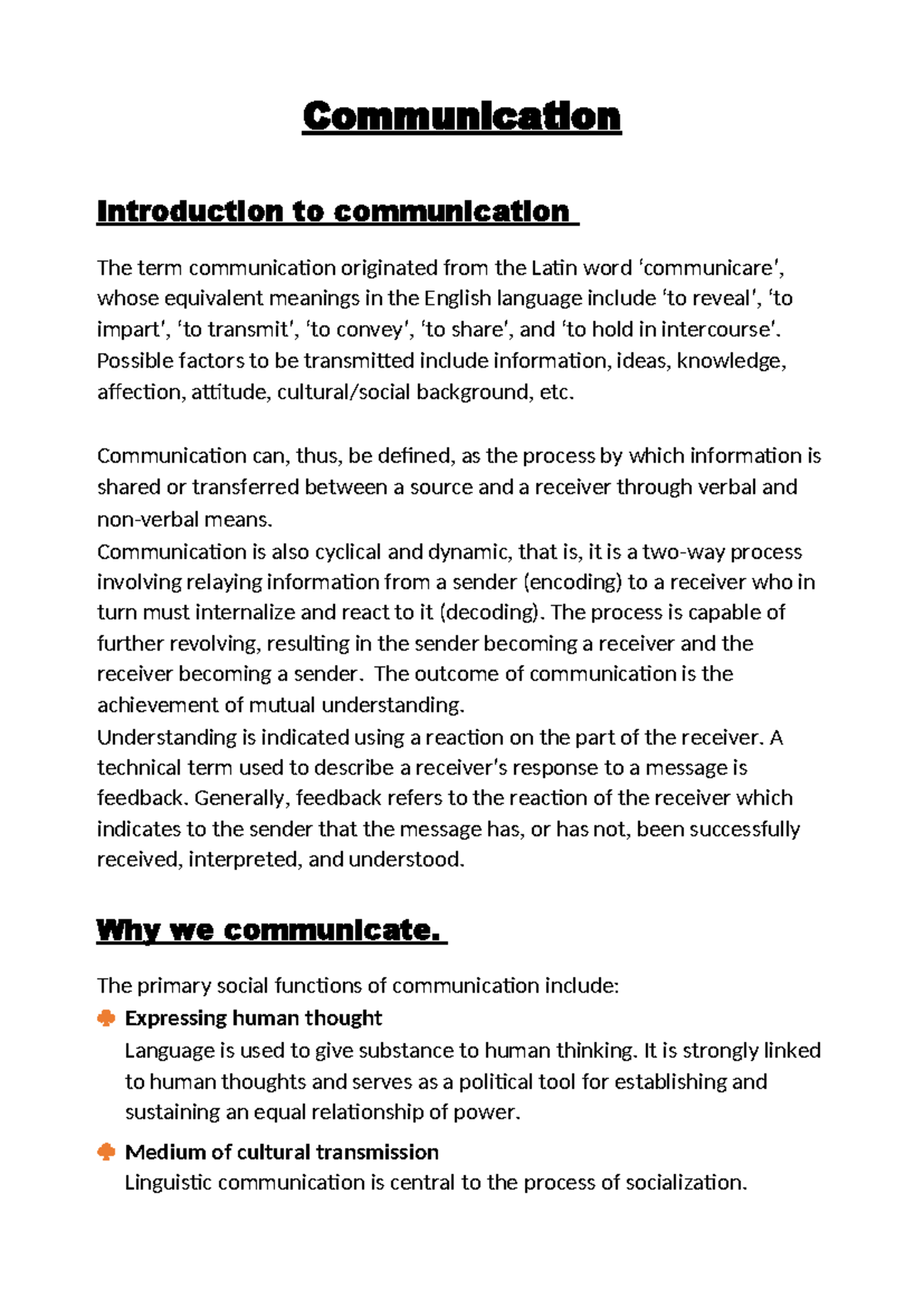 N1 - Communication - Communication Introduction to communication The ...