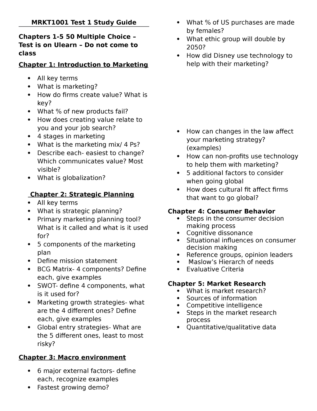 Review Guide Test 1 Ch1-5 - MRKT1001 Test 1 Study Guide Chapters 1-5 50 ...