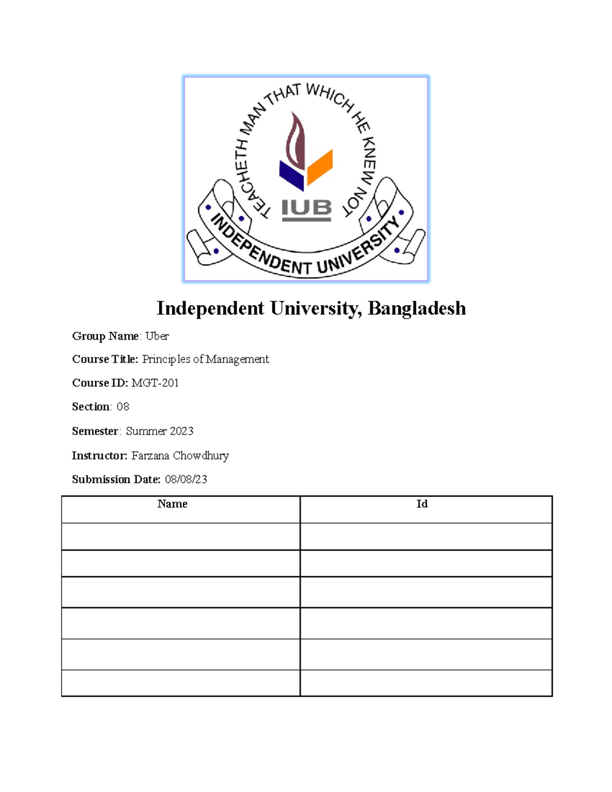 MGT201 Report - Independent University, Bangladesh Group Name: Uber ...