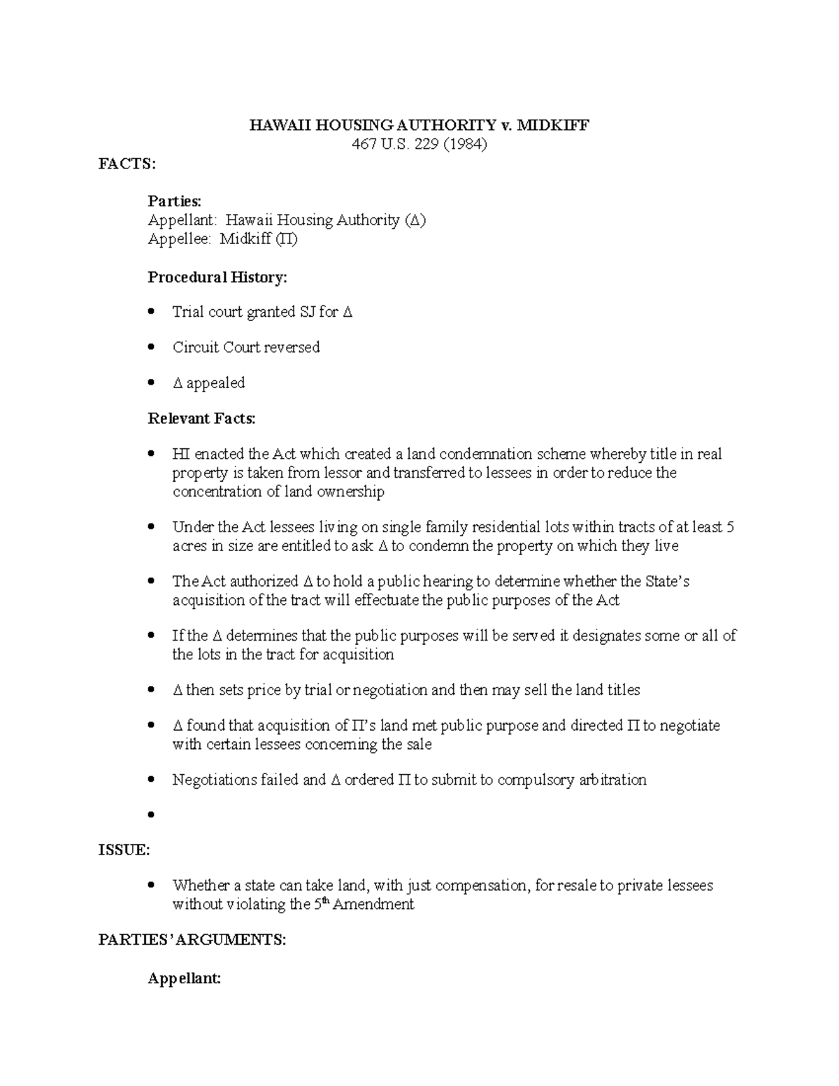 Hawaii Housing Authority v. Midkiff HAWAII HOUSING AUTHORITY v. MIDKIFF 467 U. 229 (1984