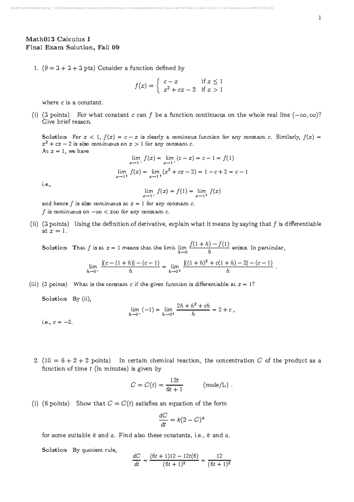 (math013)[2009 ](f)final Yhong^ 10012 - 1 Math013 Calculus I Final Exam ...