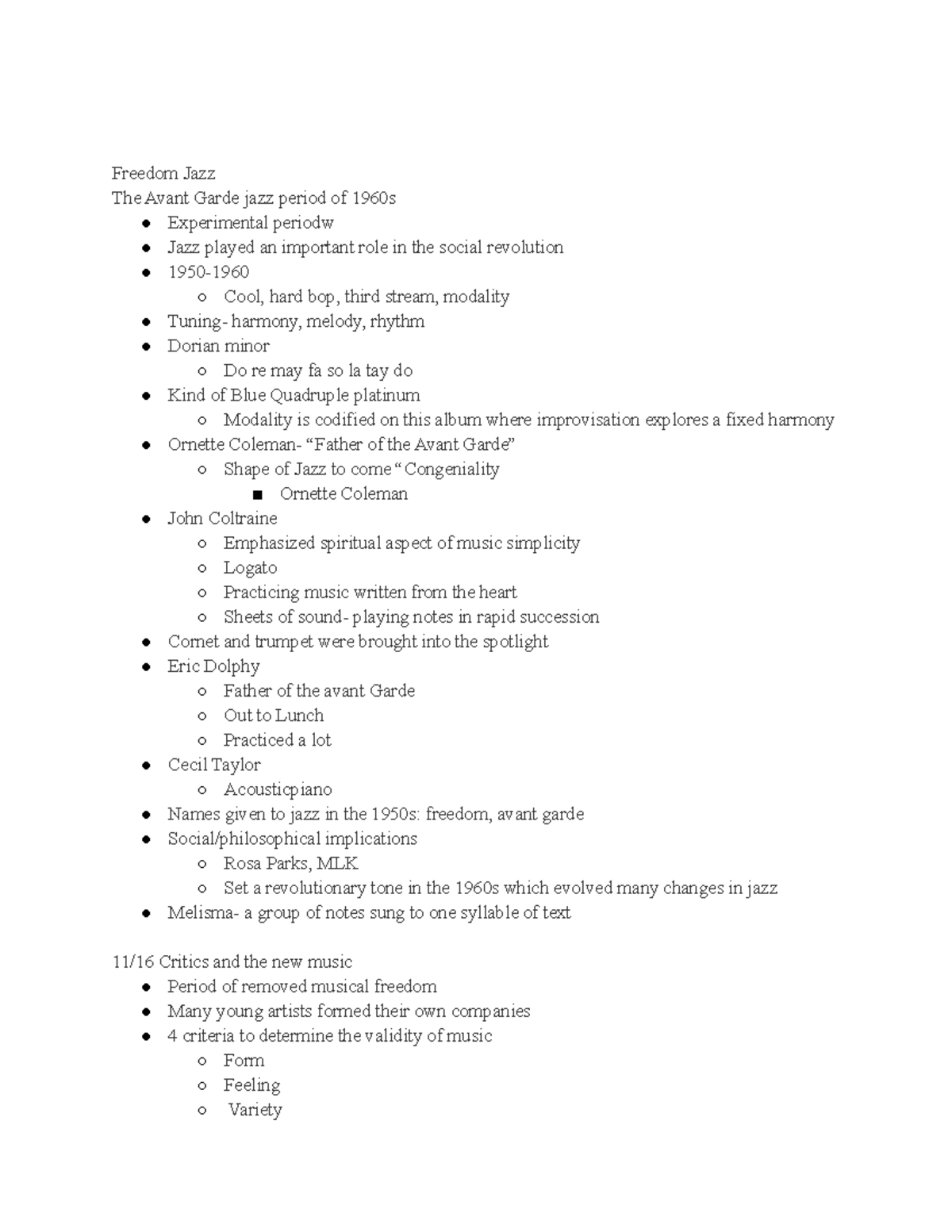 History of Jazz Notes Semester 1 Freedom Jazz The Avant Garde jazz