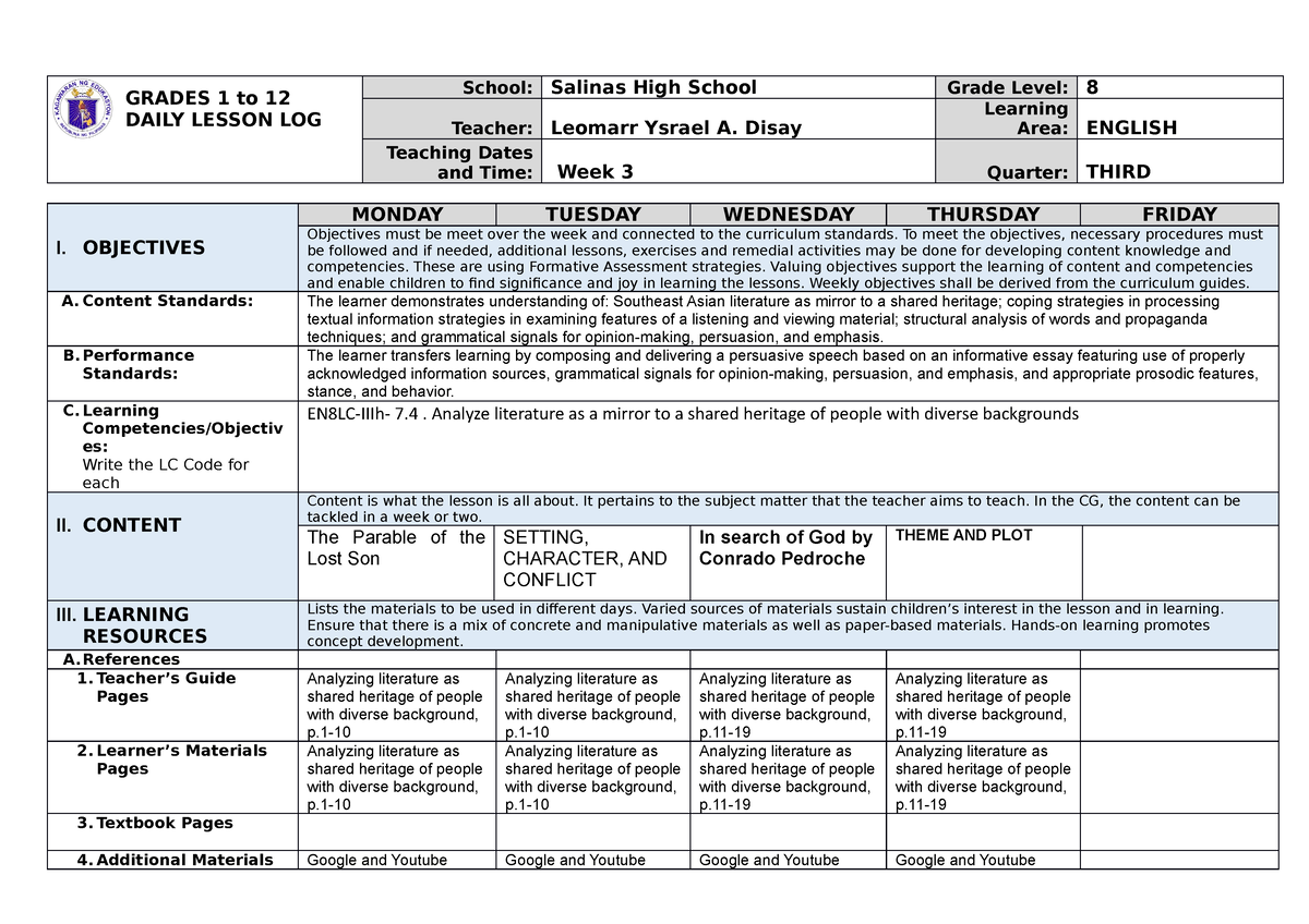 DLL 2023 3NDQ W3 1 - Dll - GRADES 1 To 12 DAILY LESSON LOG School ...