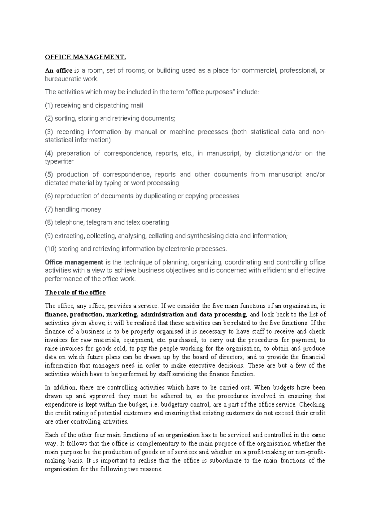 Office Management Notes Complete - OFFICE MANAGEMENT. An office is a ...