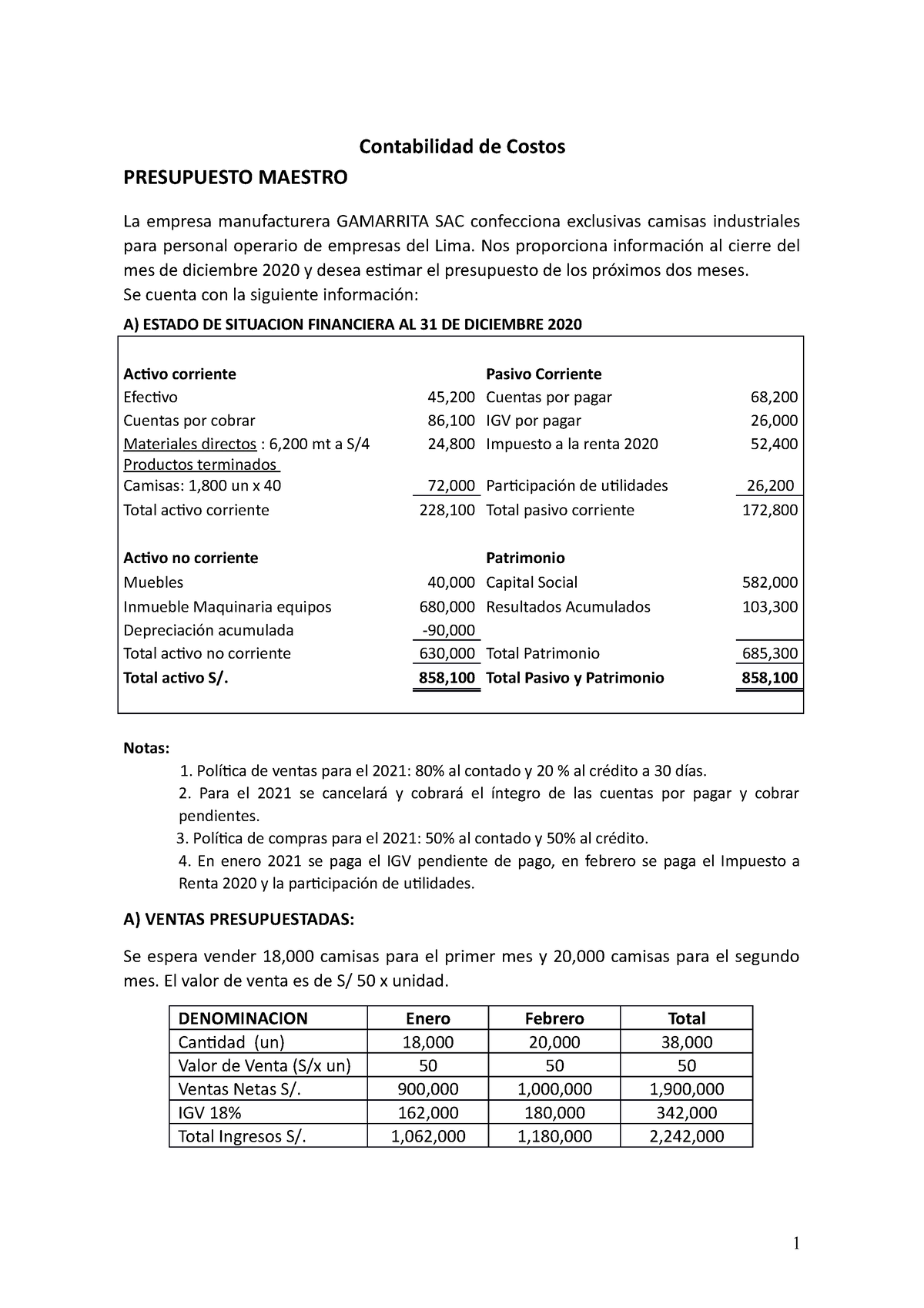 Presupuesto Maestro Resuelto - Contabilidad De Costos PRESUPUESTO ...