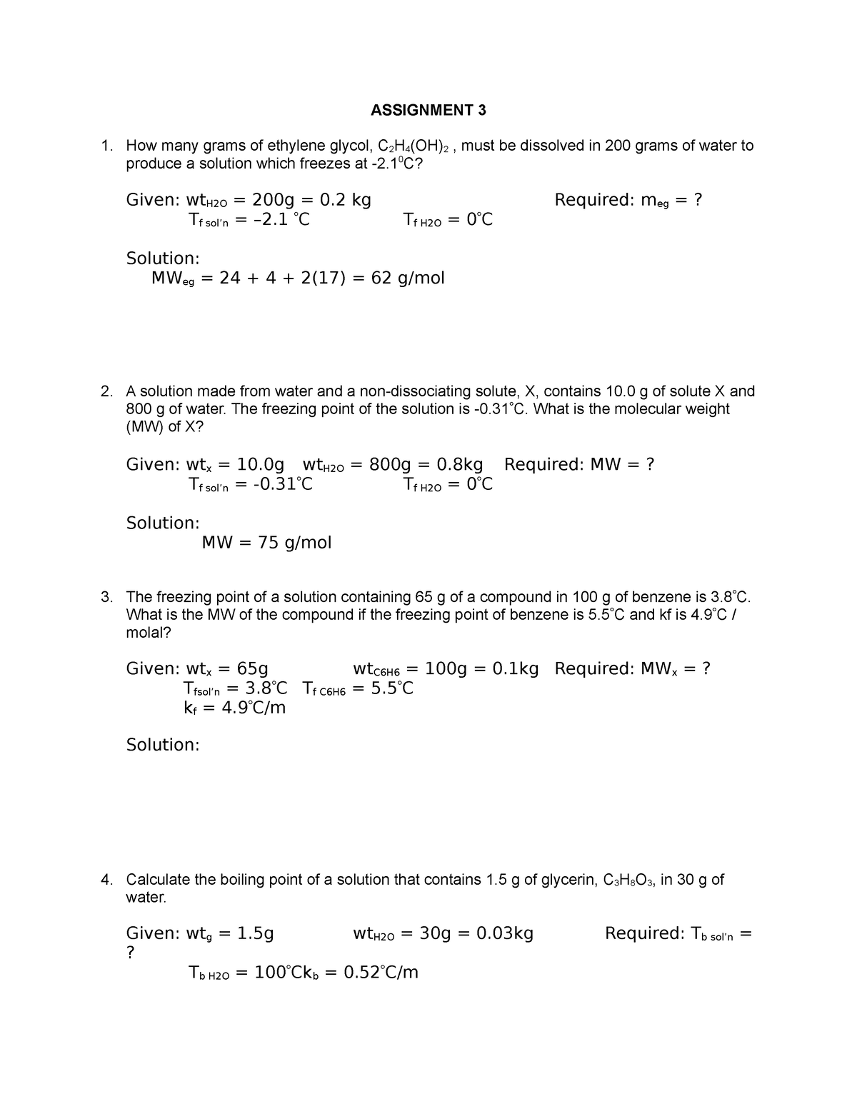 Assignment 3 Colligative Prop LEC ASSIGNMENT 3 How many grams