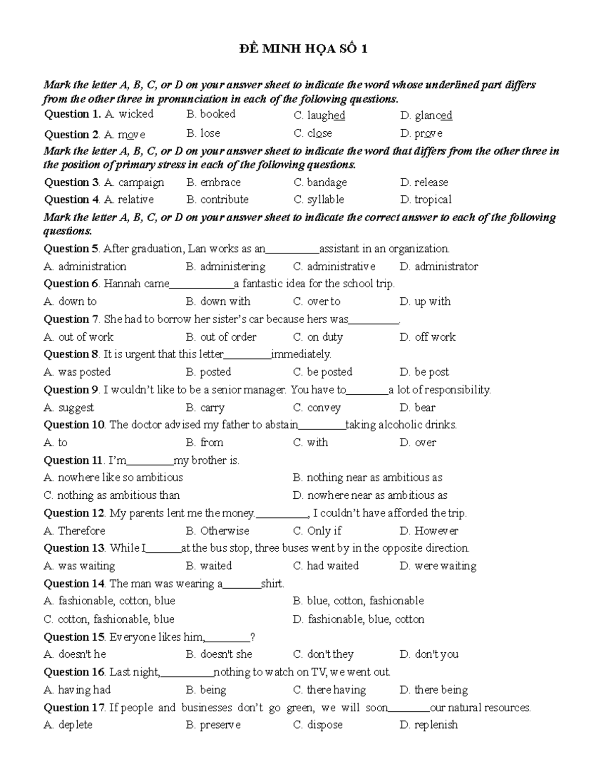 Đề minh hoạ số 1 - Get yourself accustomed to the format of the ...