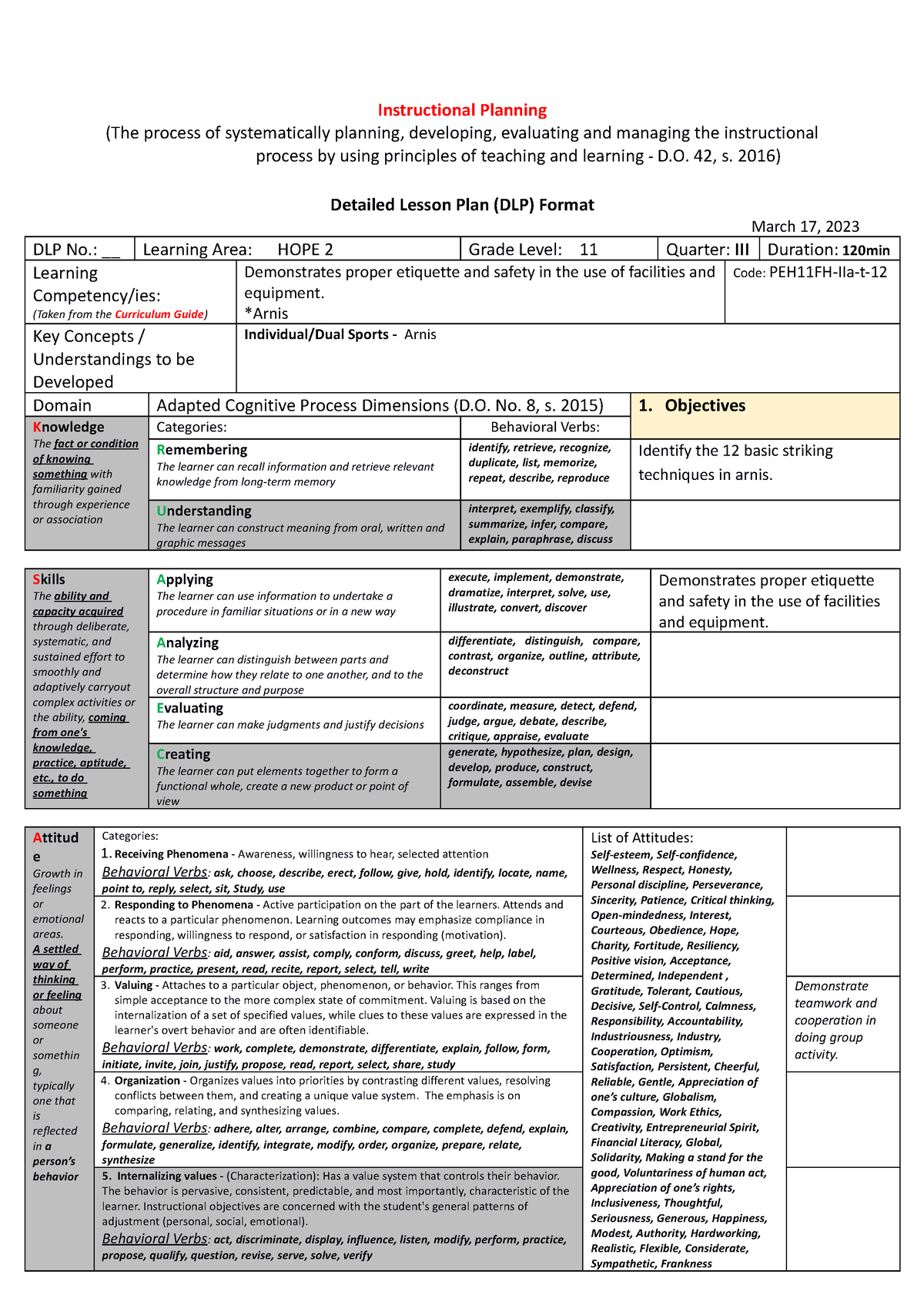 arnis Lesson Plan - Instructional Planning (The process of ...