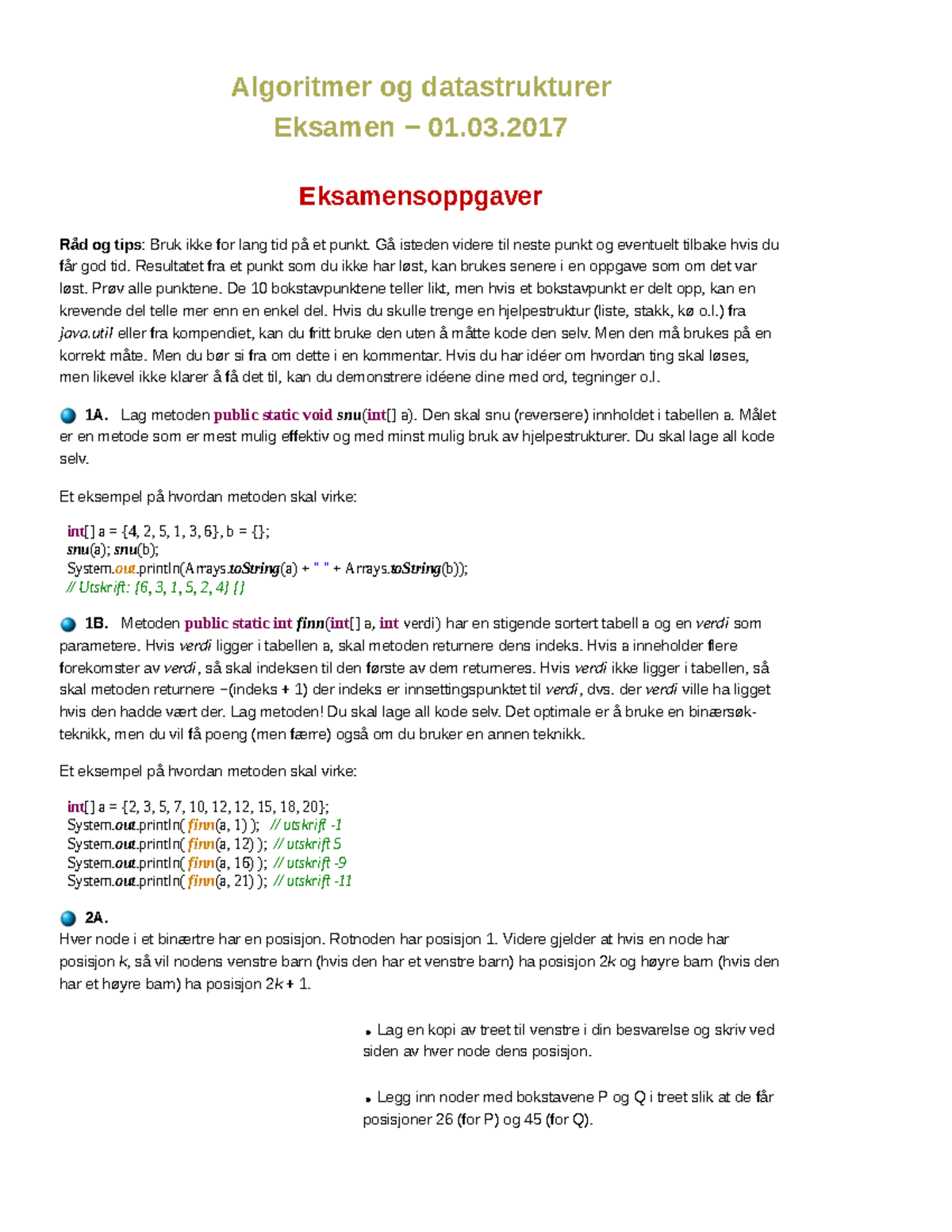 Eksamen 2017 Vår - 2017 - Algoritmer Og Datastrukturer Eksamen − 01 ...