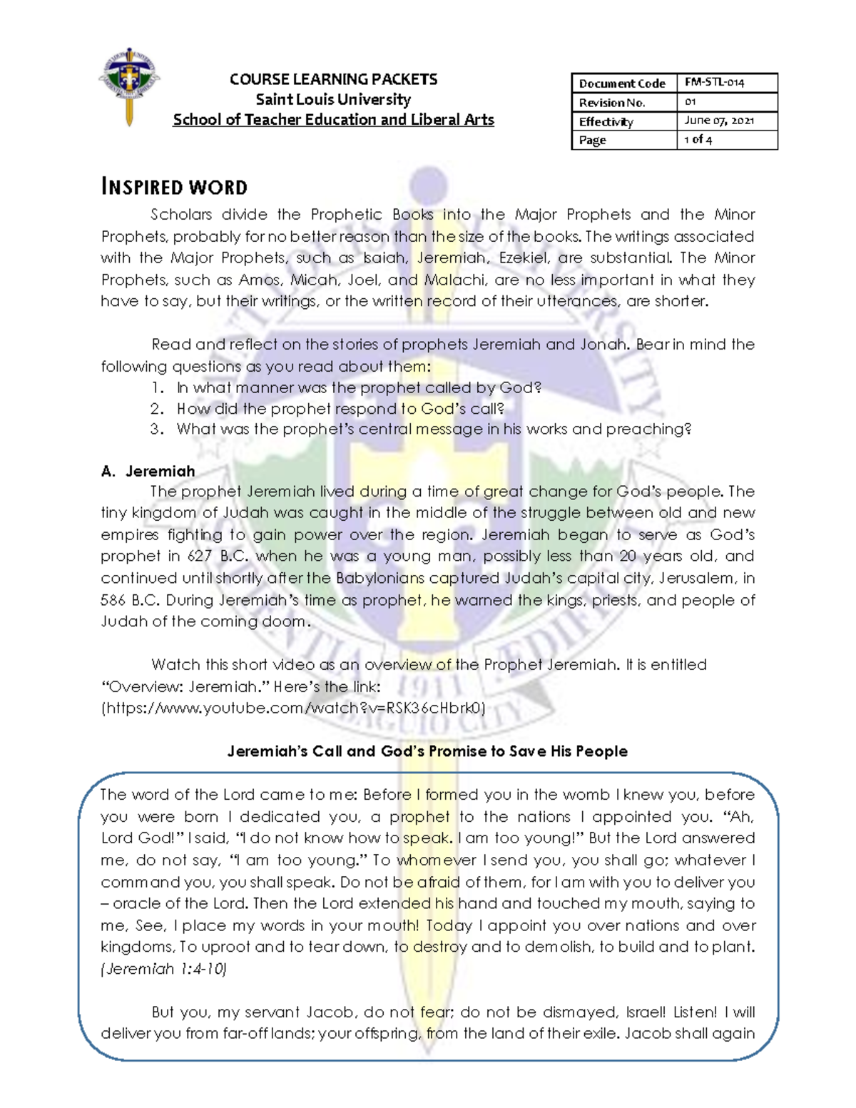 CFE 101 Module 2, Lesson 2 Inspired Word - Revision No. 01 Effectivity ...