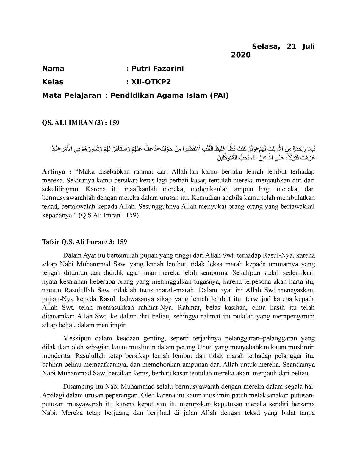 Tafsir Q.S. Ali Imran Ayat 159 - Selasa, 21 Juli 2020 Nama : Putri ...