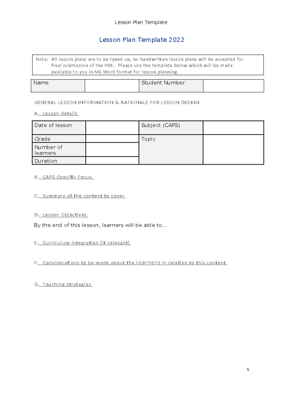 2022 Lesson PLAN Template - Lesson Plan Template 2022 Note: All lesson ...