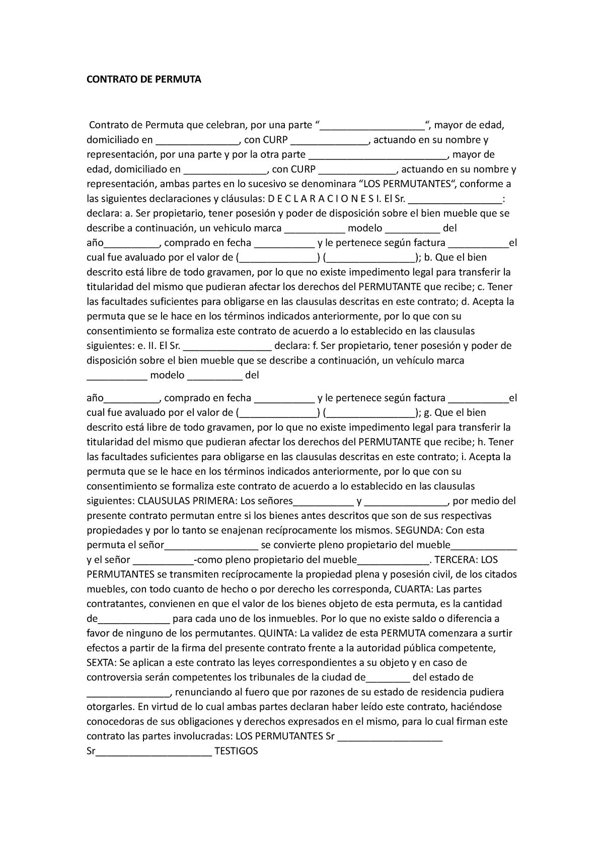 Contrato De Permuta Formato Contrato De Permuta Contrato De Permuta Que Celebran Por Una 0680