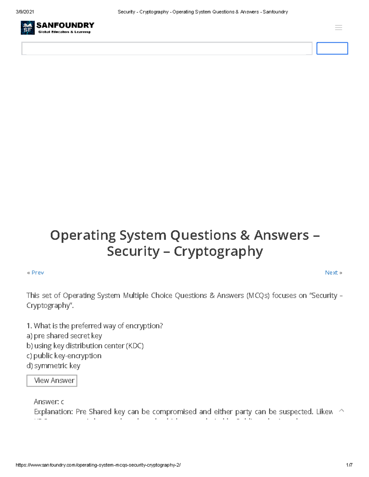 Security - Cryptography - Operating System Questions & Answers ...