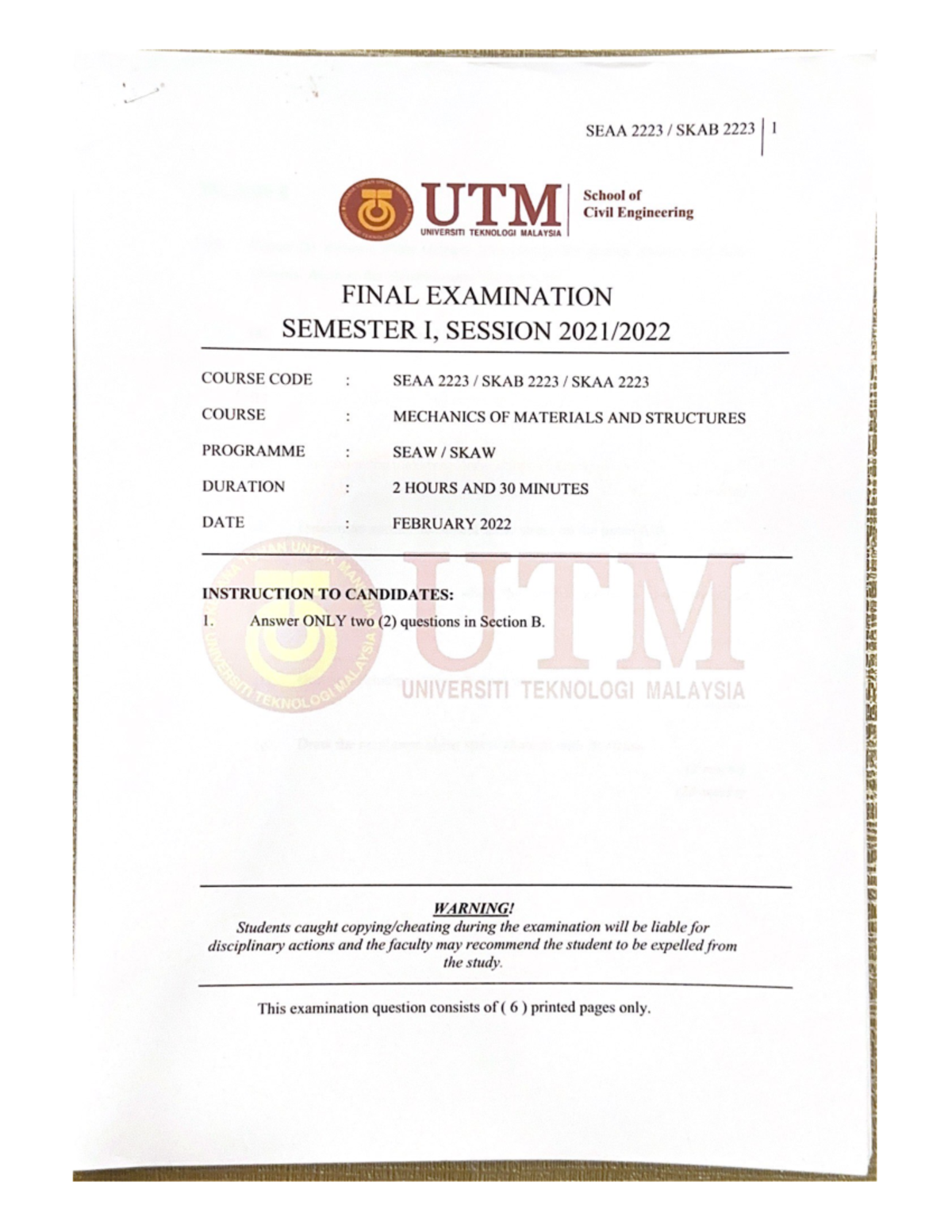 Final Exam Sem 1 Ses 2122 Question Section B - SEAA SKAB 1 UTM School ...