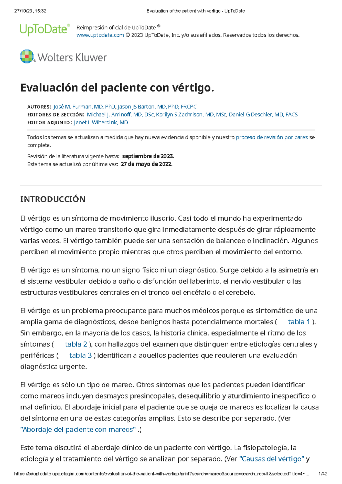 Evaluation of the patient with vertigo - Up To Date - - Studocu