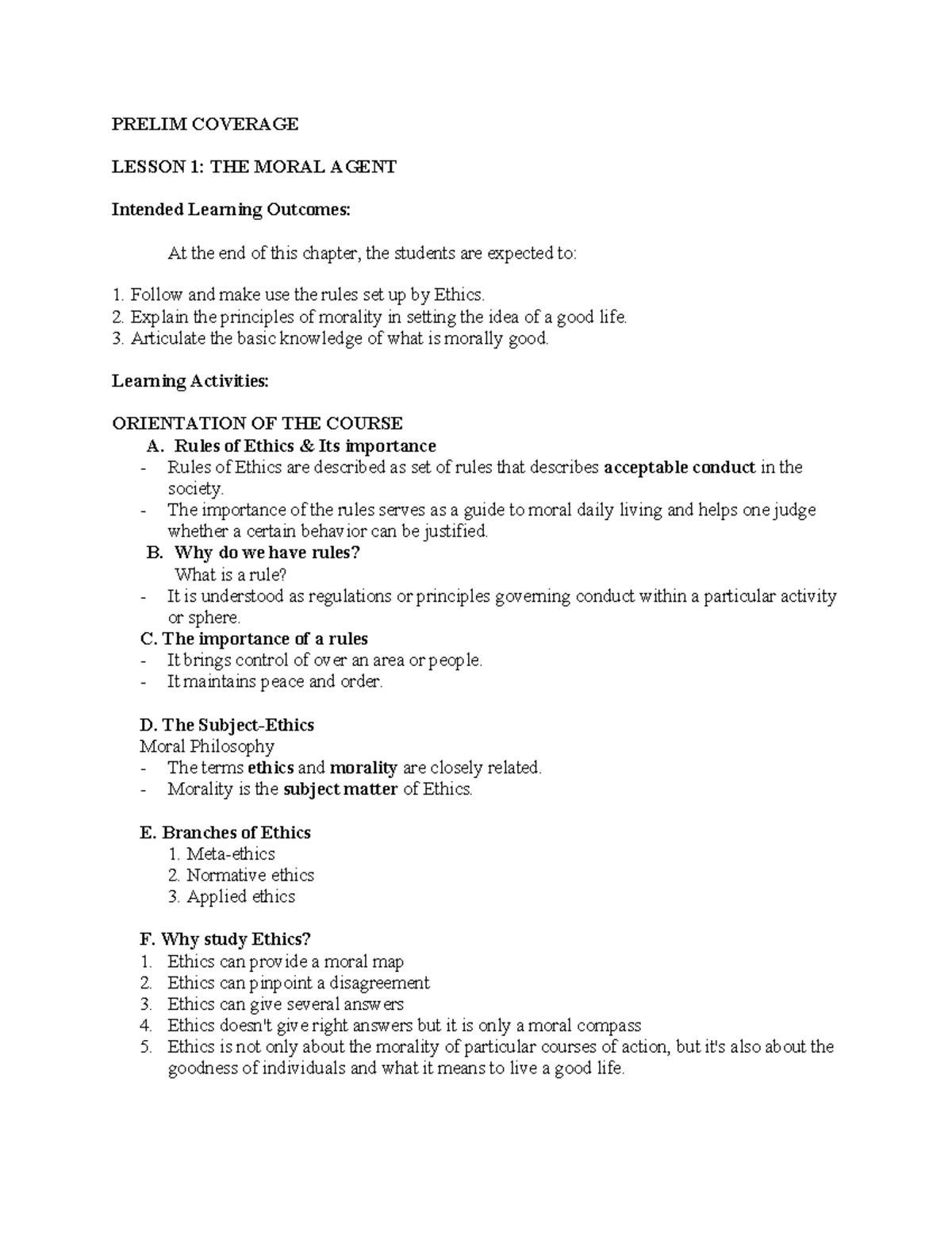 Prelim Topic 1 Ethics - PRELIM COVERAGE LESSON 1: THE MORAL AGENT ...