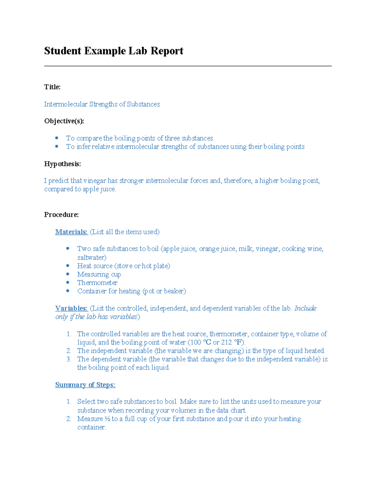Student example lab report Student Example Lab Report Title