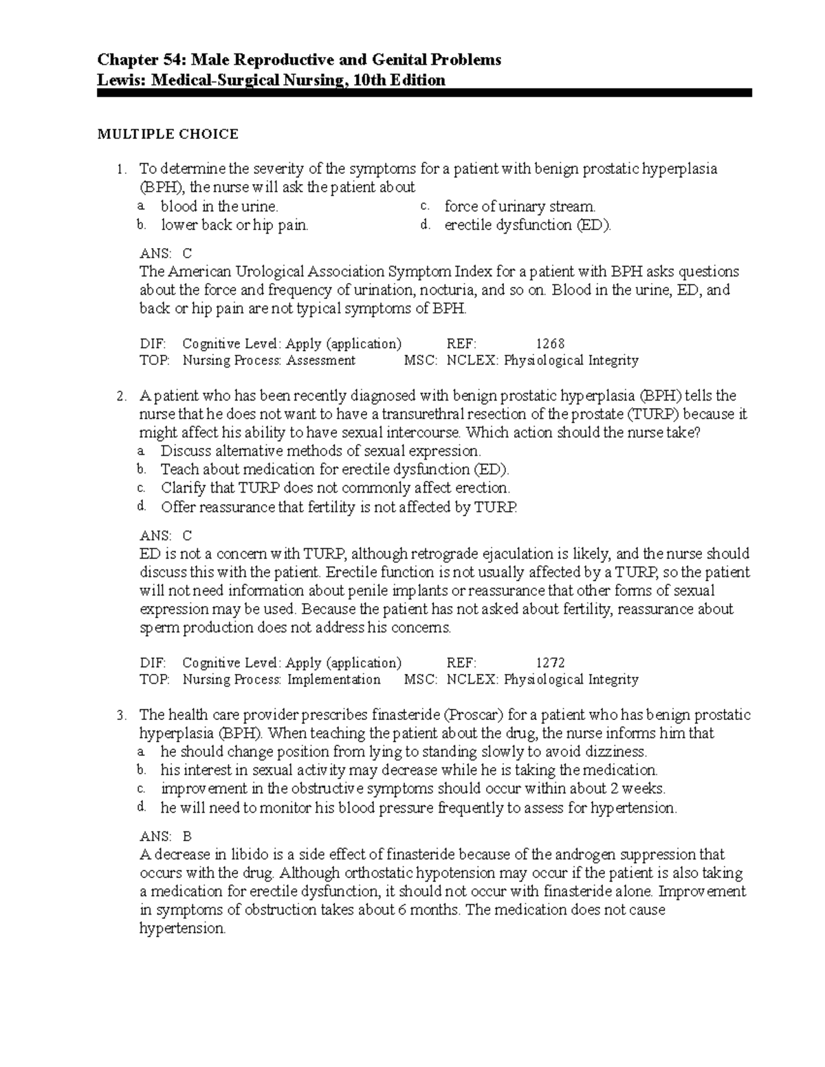 C54 - test bank - Chapter 54: Male Reproductive and Genital Problems ...