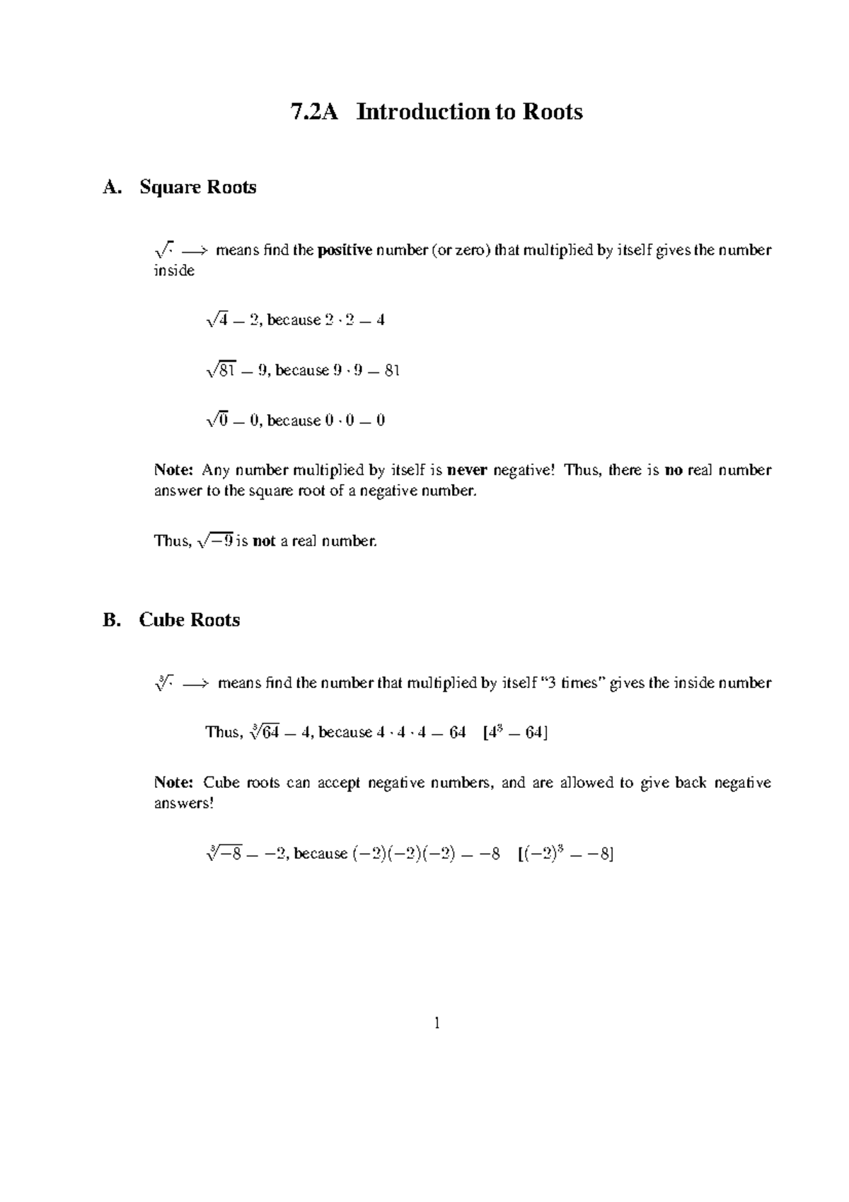 7.2A Introduction to Roots - Square Roots means find the positive ...