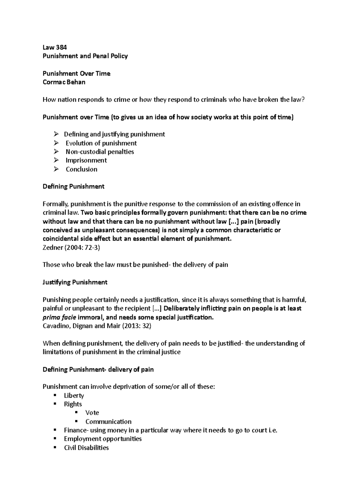 Lecture 19 penal policy - Law 384 Punishment and Penal Policy ...