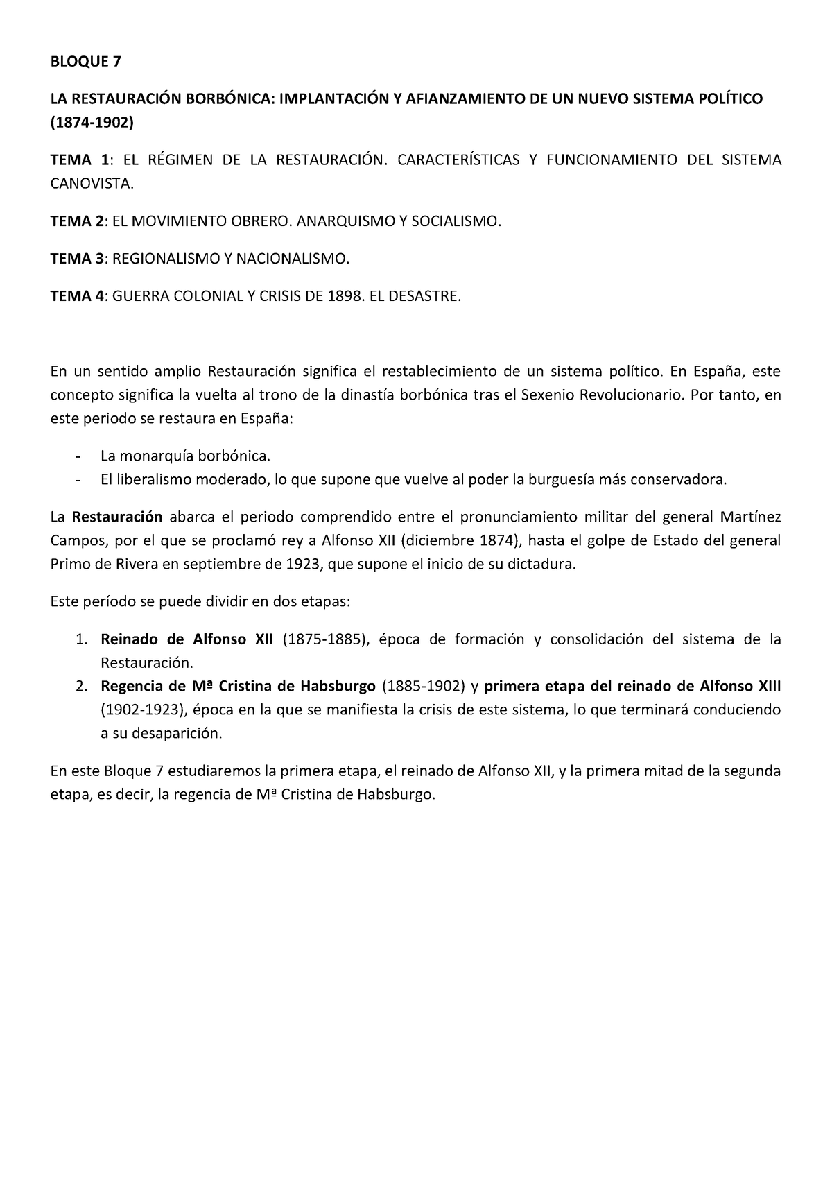 Bloque 7 LA España DE LA Restauración - BLOQUE 7 LA RESTAURACI”N BORB ...