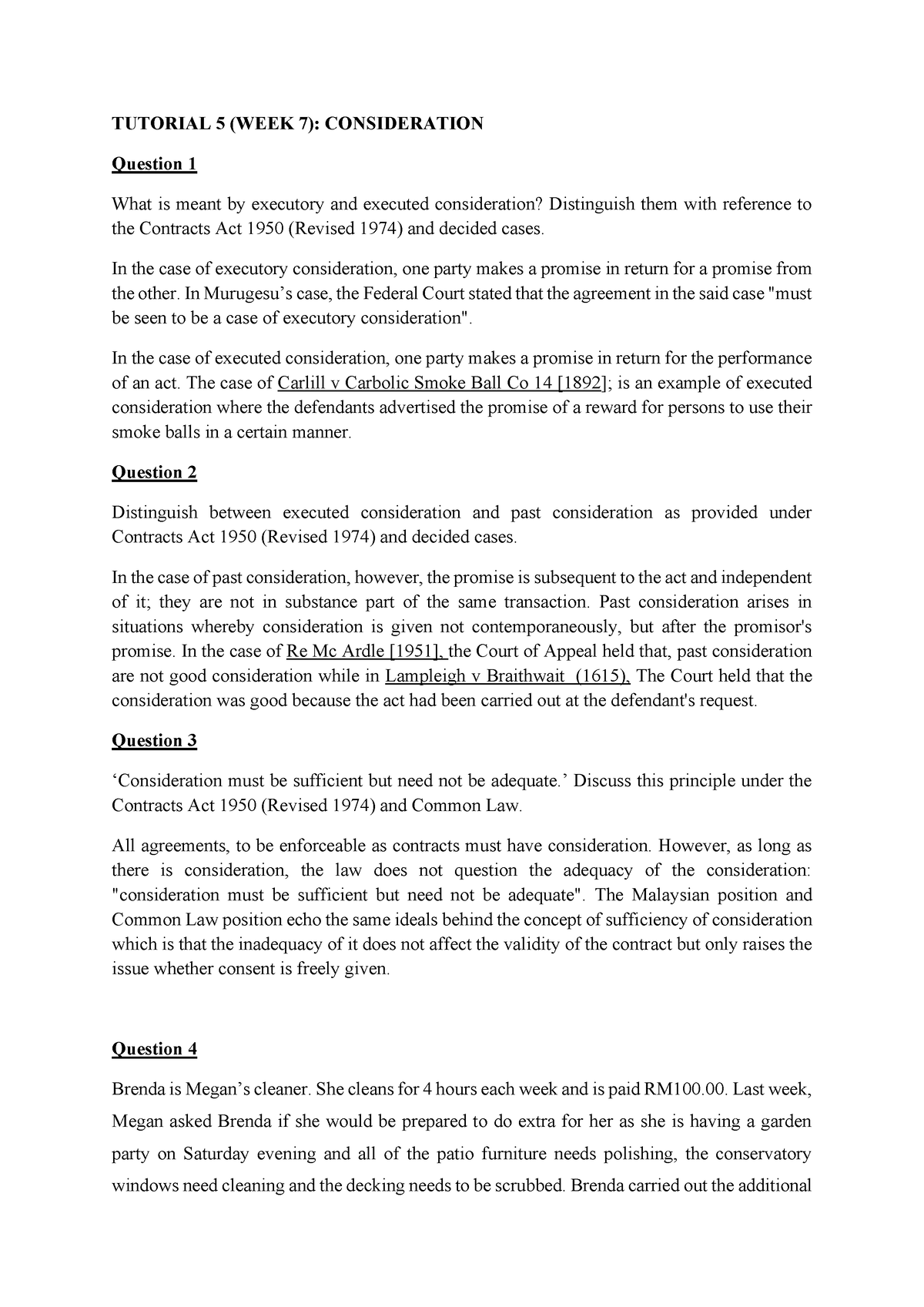 Contract Law 1 Tutorial 5 (Week 7) - Contract Law I - MMU - Studocu