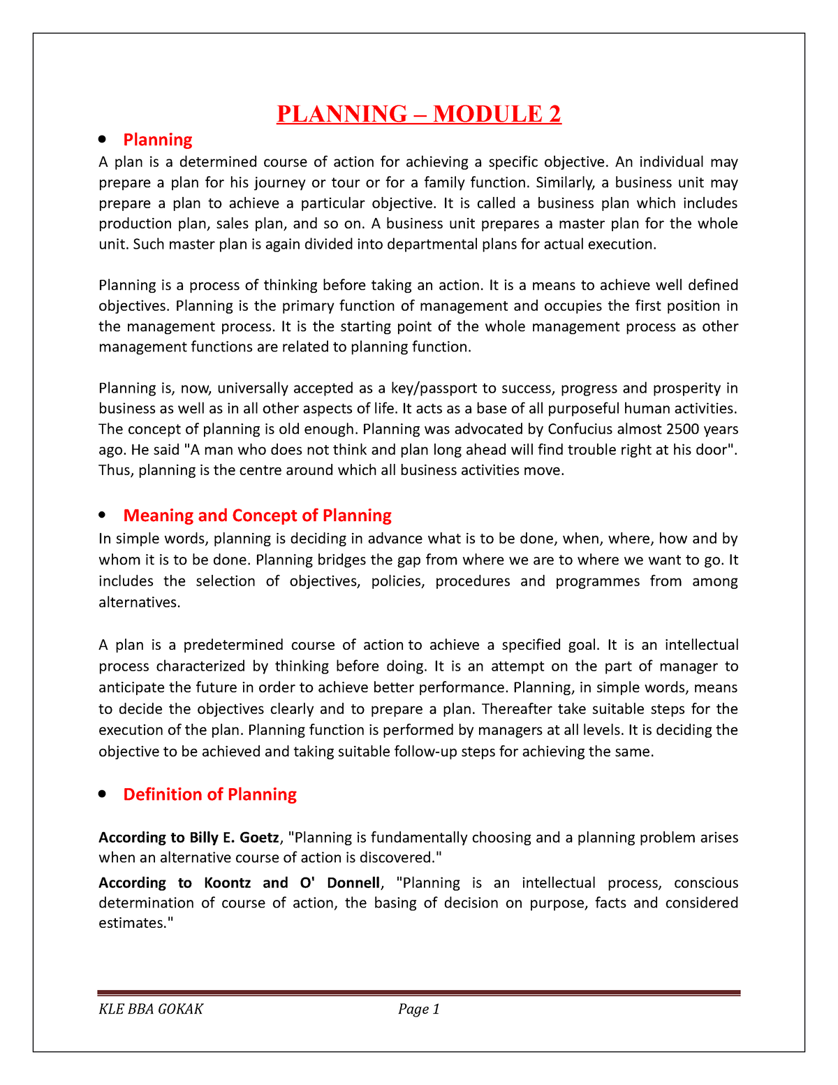 Module 2 Planning - PLANNING – MODULE 2 Planning A Plan Is A Determined ...