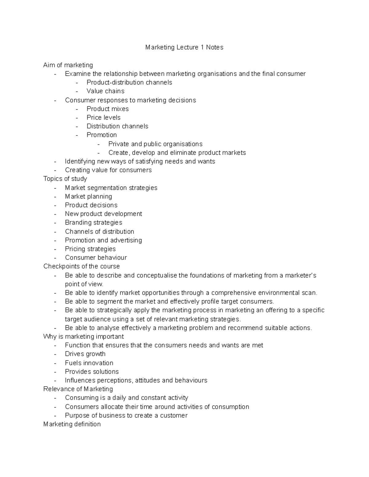 Marketing Lecture 1 Notes Completed MKTG1001 - Marketing Lecture 1 ...