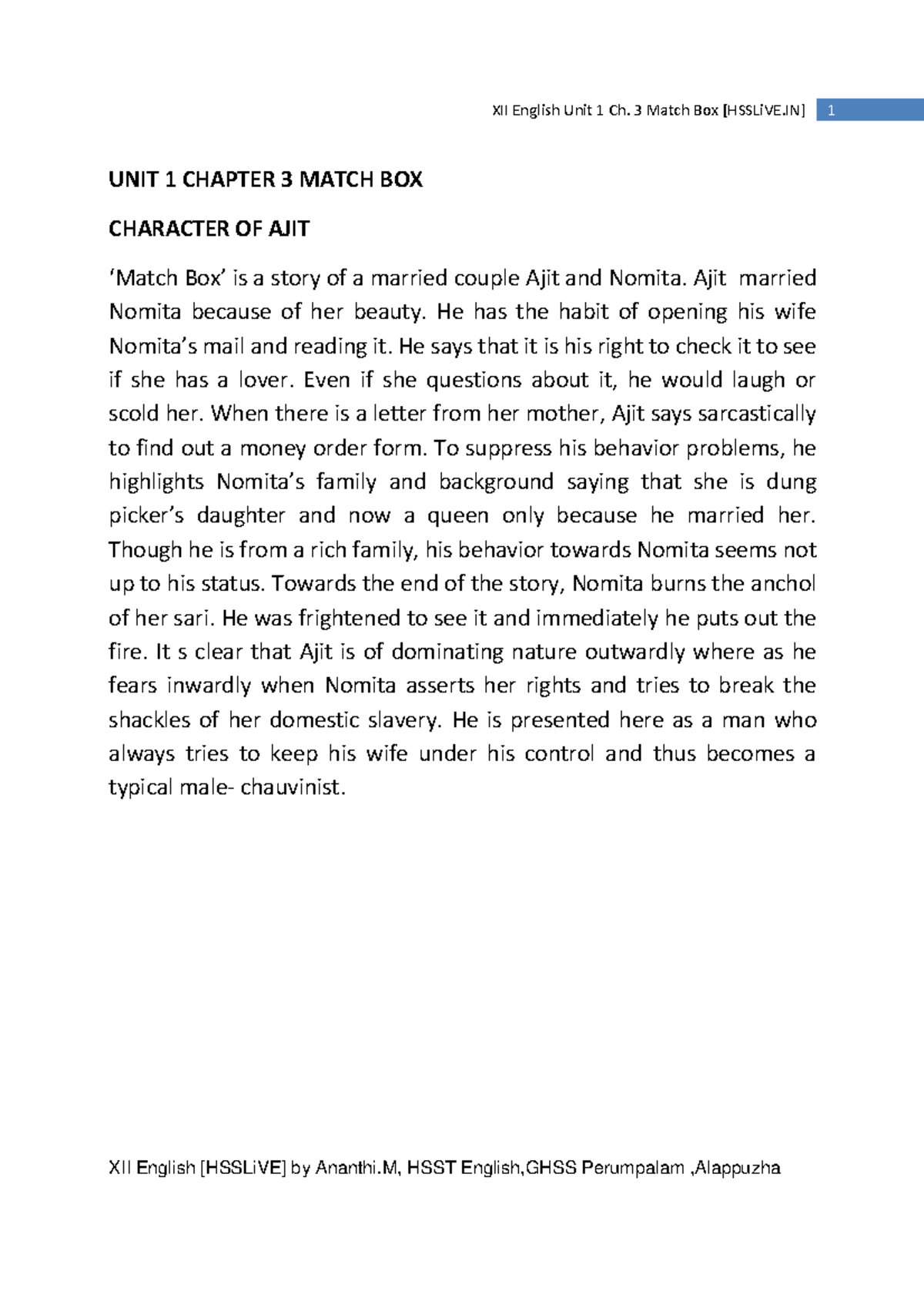 XII English Unit1 chapter 3 matchbox hsslive chsketch ajit XII