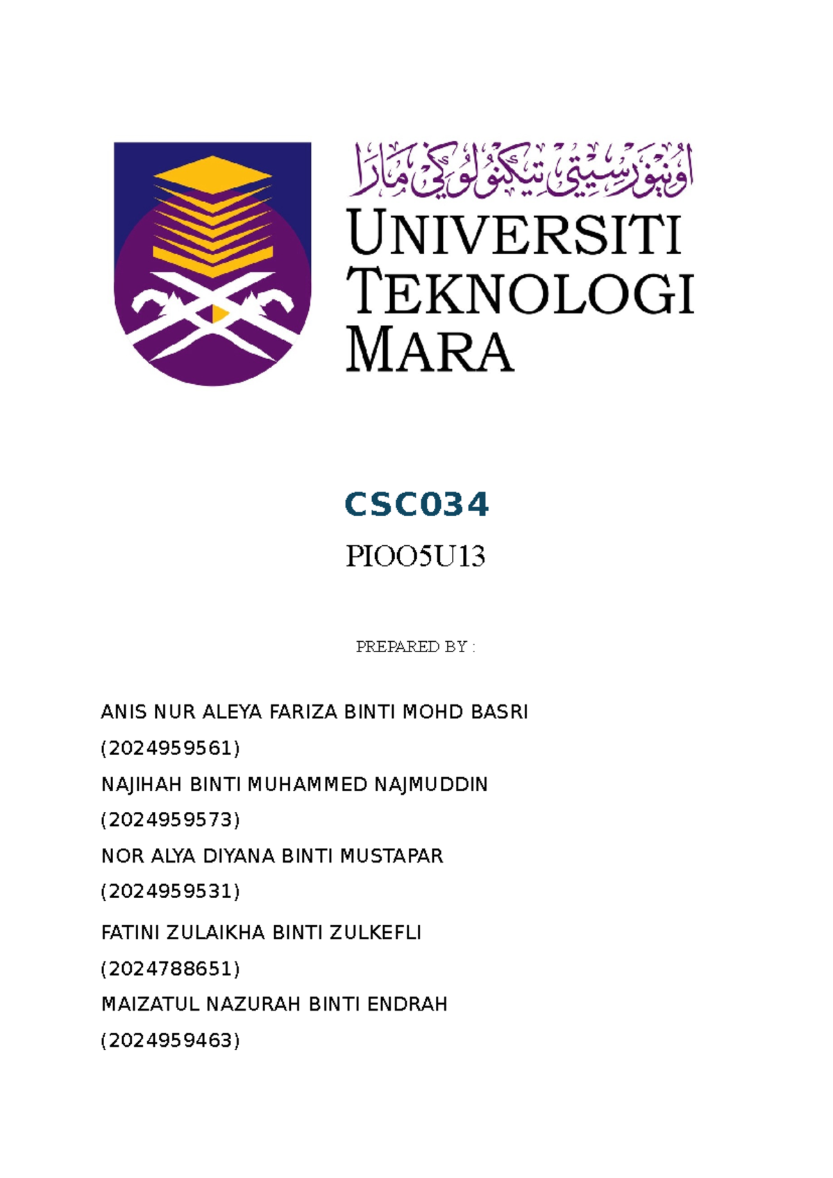 Cover PAGE CSC034 - TEMPLATE - computer science - CSC PIOO5U PREPARED ...