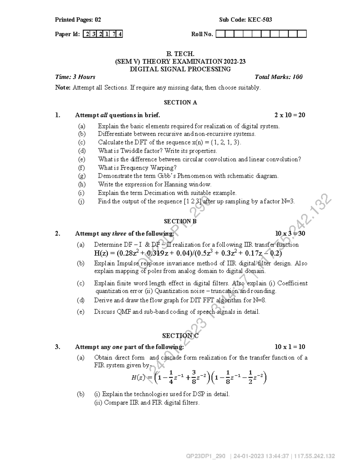 Btech ec 5 sem digital signal processing kec503 2023 - QP23DP1_ | 24-01 ...