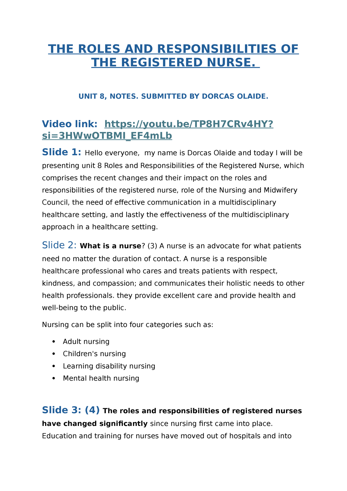 Unit 8 The Roles Of Rcn The Roles And Responsibilities Of The Registered Nurse Unit 8 Notes 2219