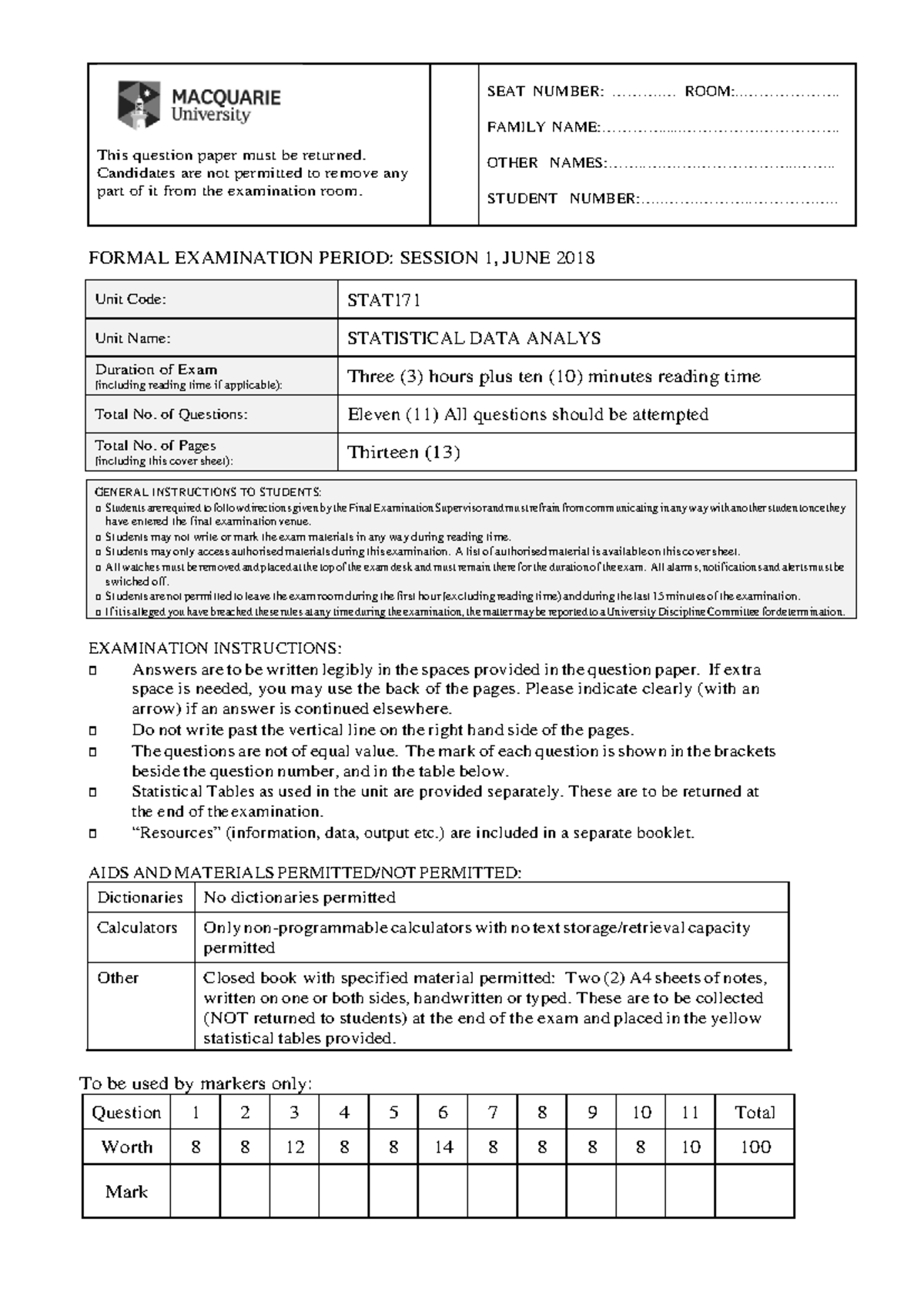 STAT171 2018 S1 - Test for stat 2018 mq uni - This question paper must