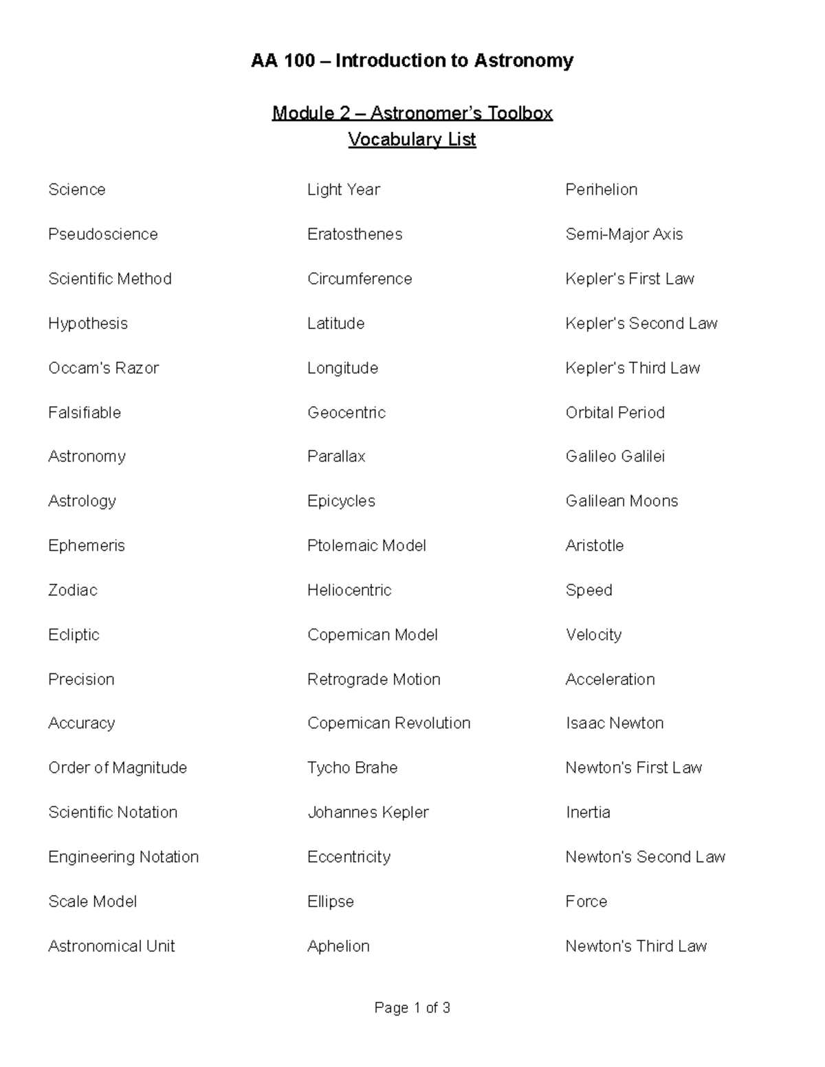 Copy Of Module 2 - Astronomer's Toolbox - Vocabulary List - AA 100 ...