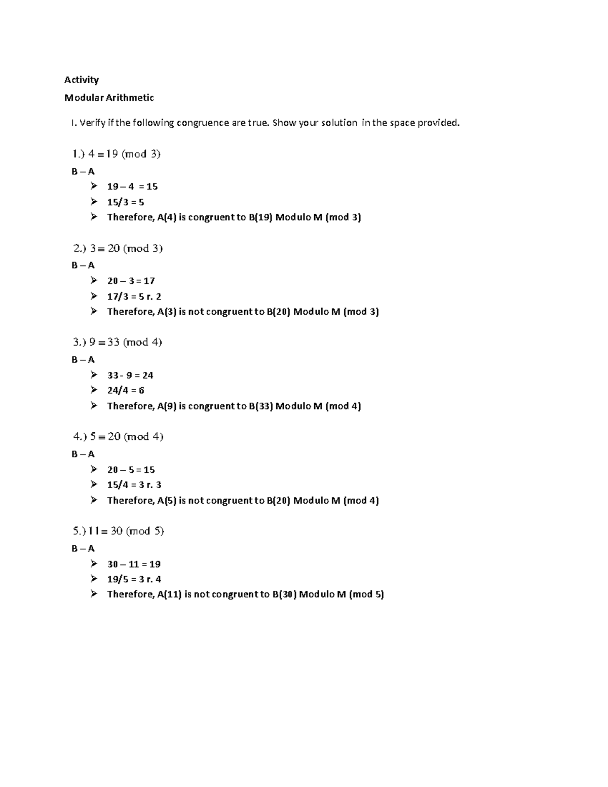 Modular arithmetic activity modular arithmetic i verify if the 