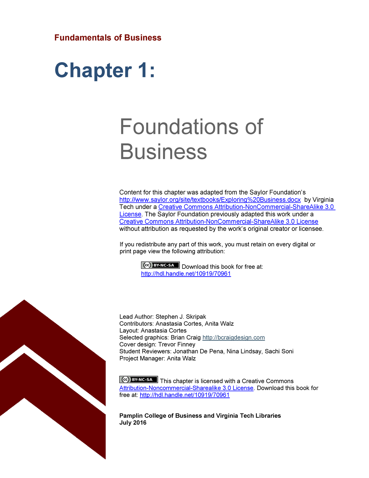 Chapter 1 Foundations of Business Fundamentals of Business Chapter 1